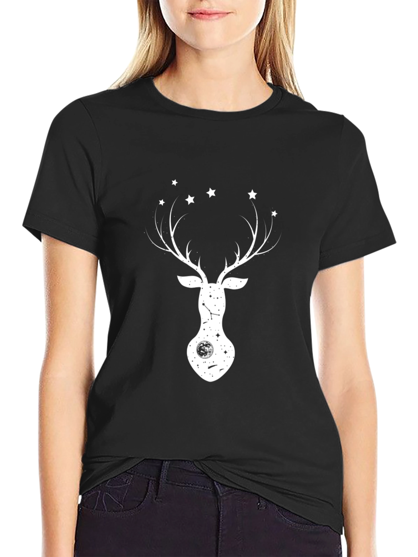 Deer & Stars Graphic Tee - Black Cotton Blend