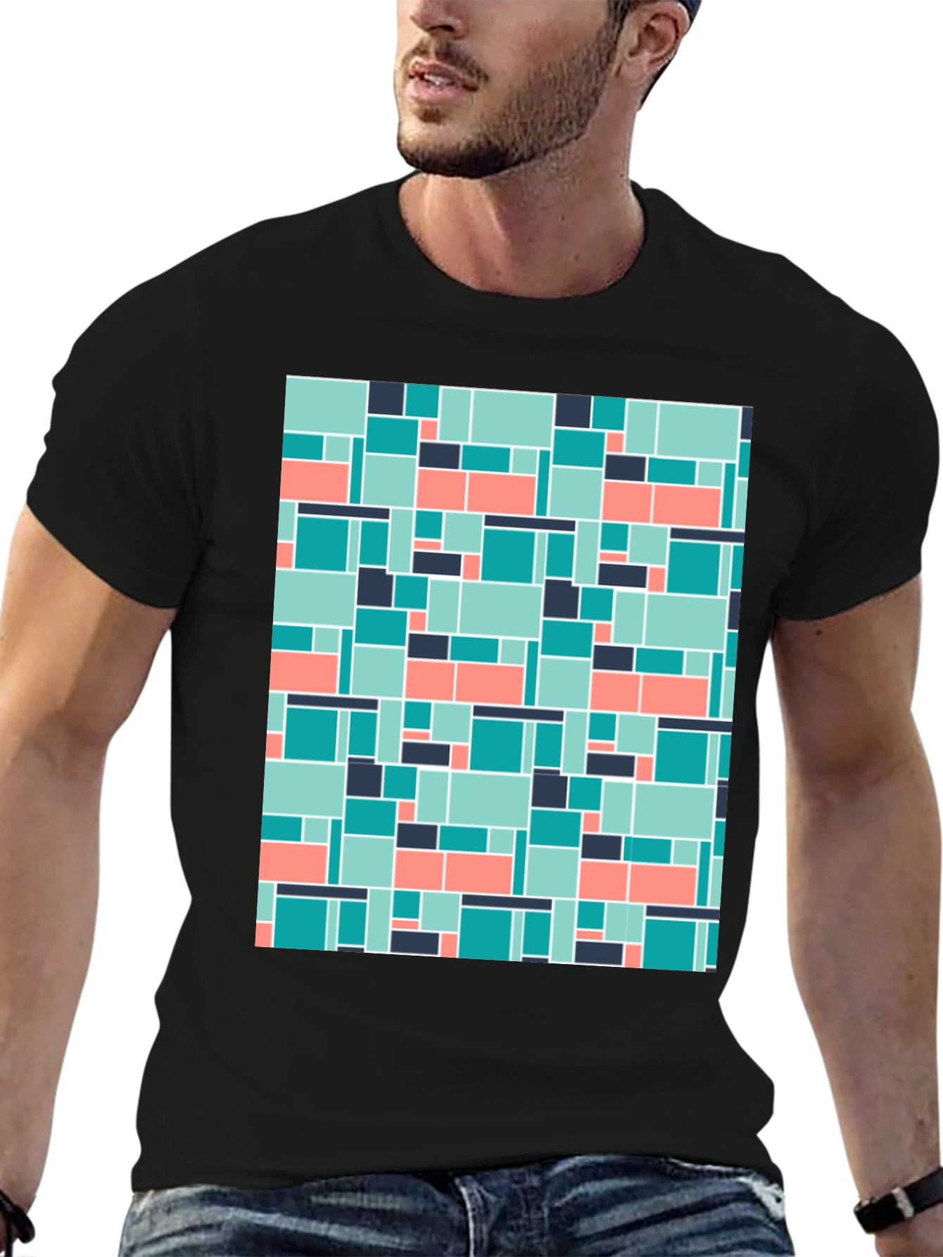 Geometric Block Pattern Mens Black Tee