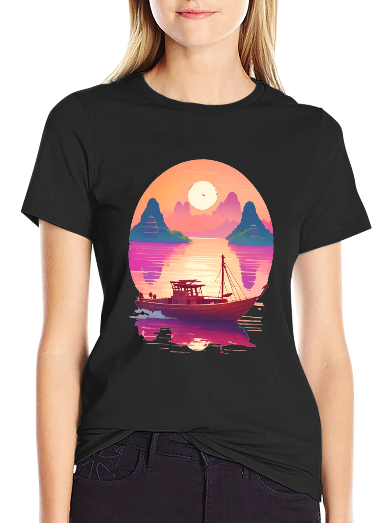 Sunset Boat Graphic Tee - Retro Style