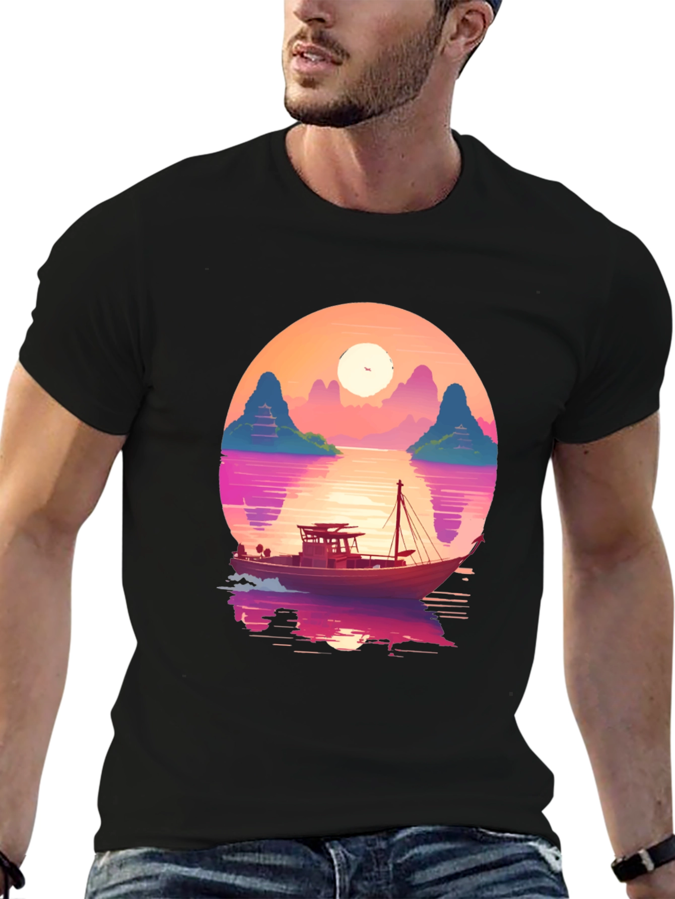 Sunset Boat Graphic Tee - Retro Style