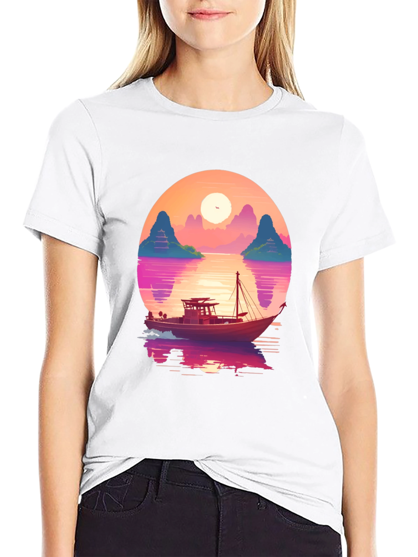 Sunset Boat Graphic Tee - Retro Style