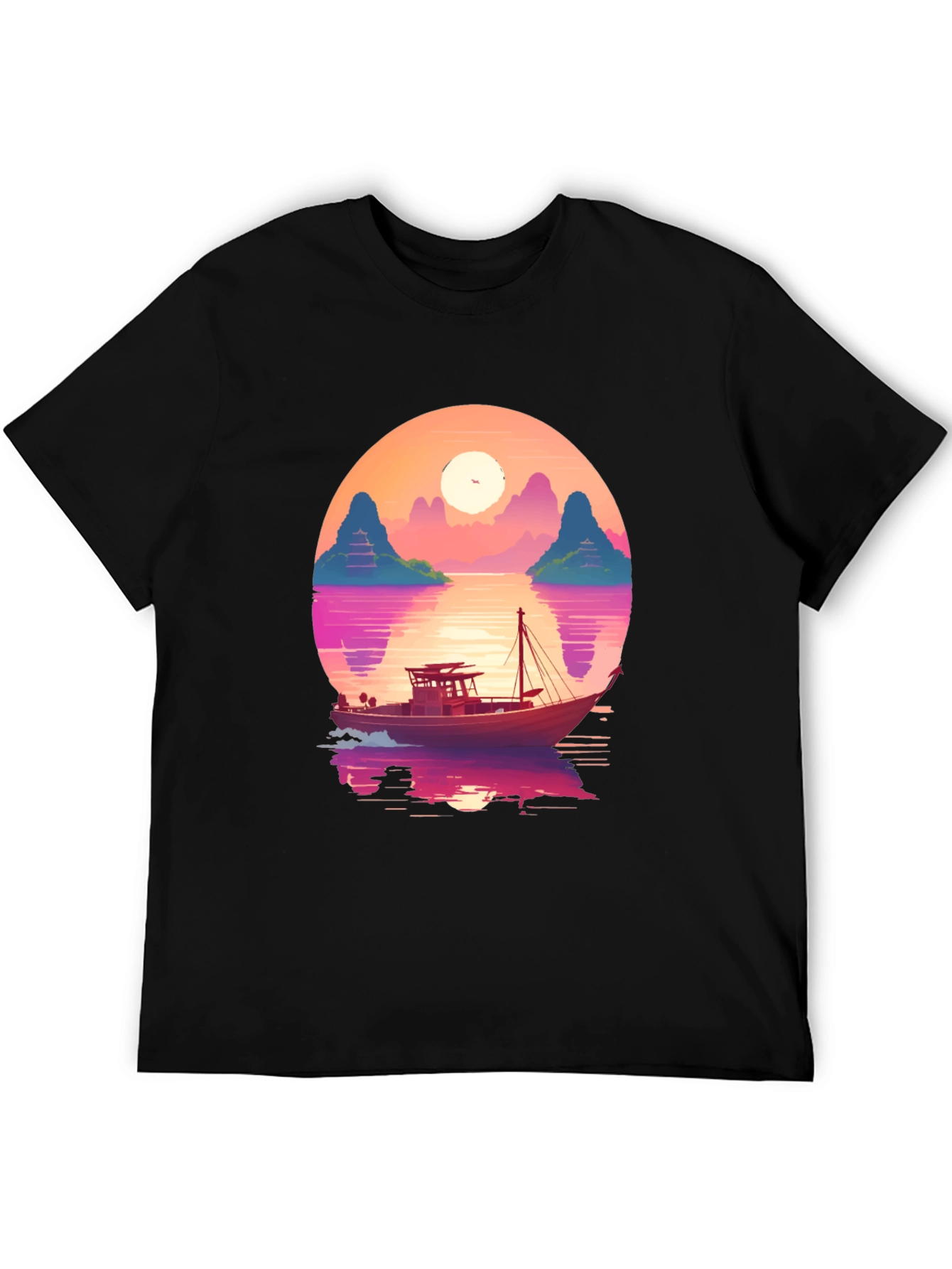 Sunset Boat Graphic Tee - Retro Style