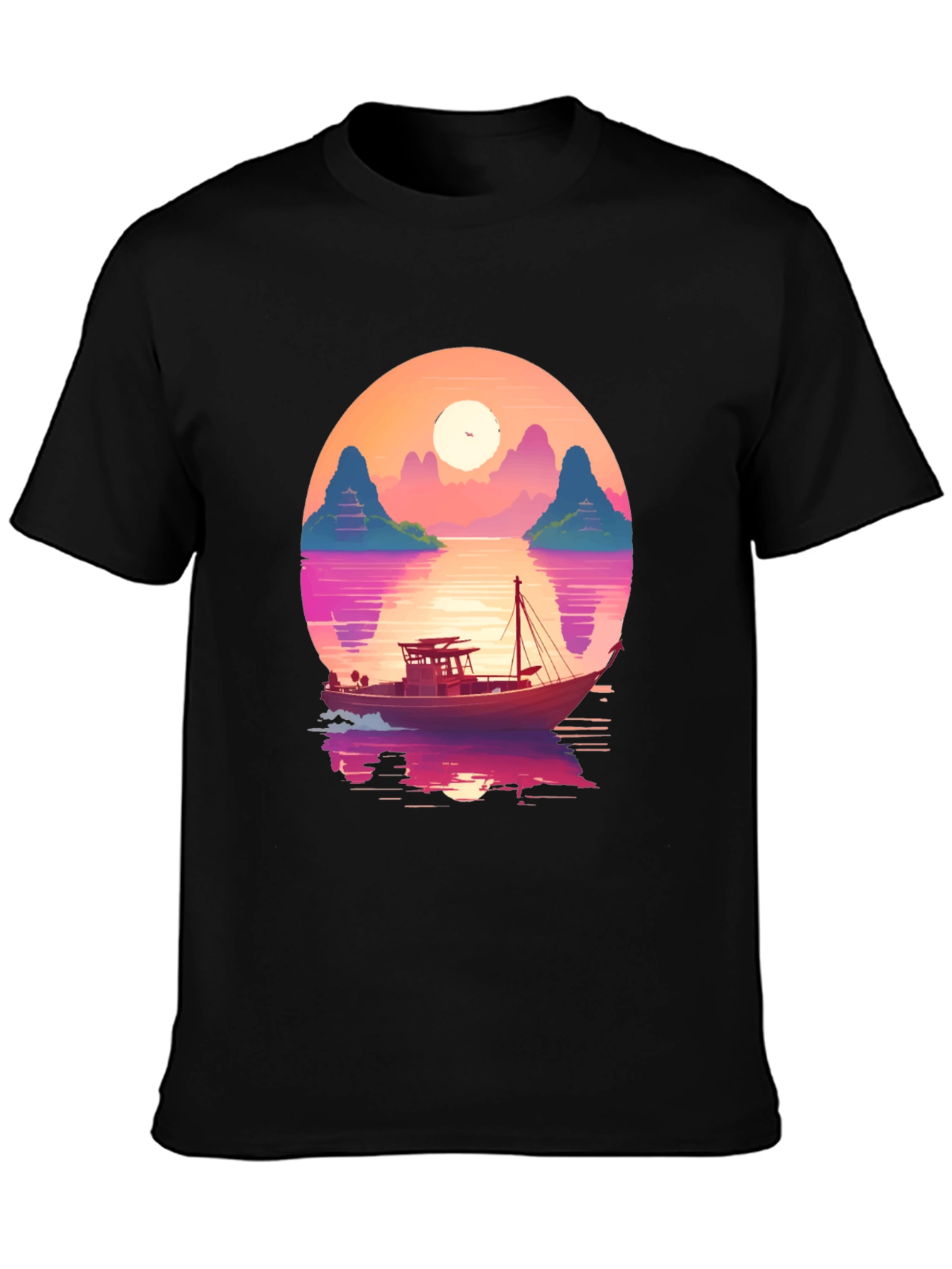 Sunset Boat Graphic Tee - Retro Style