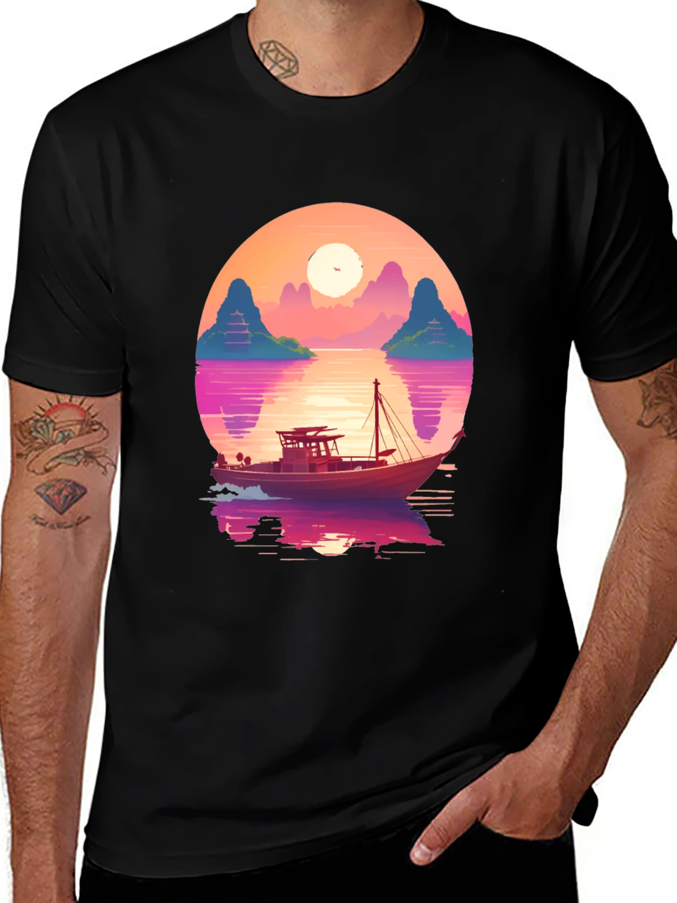 Sunset Boat Graphic Tee - Retro Style