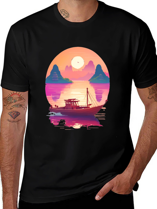 Sunset Boat Graphic Tee - Retro Style