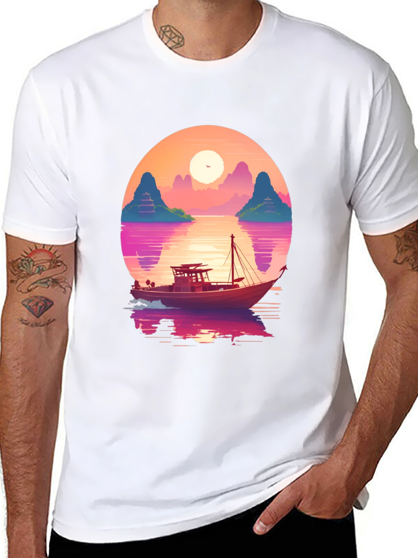 Sunset Boat Graphic Tee - Retro Style