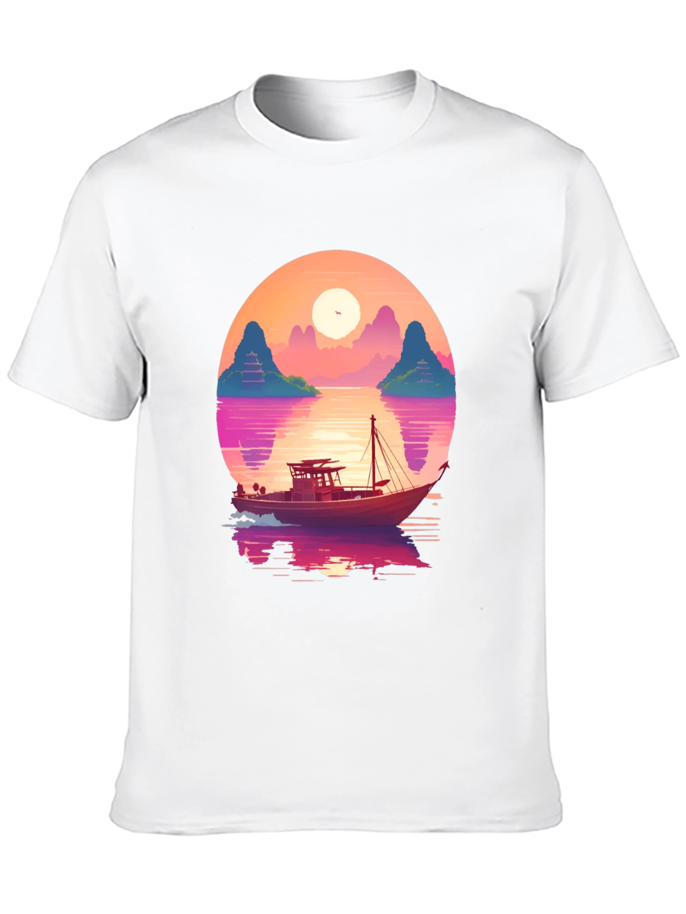 Sunset Boat Graphic Tee - Retro Style
