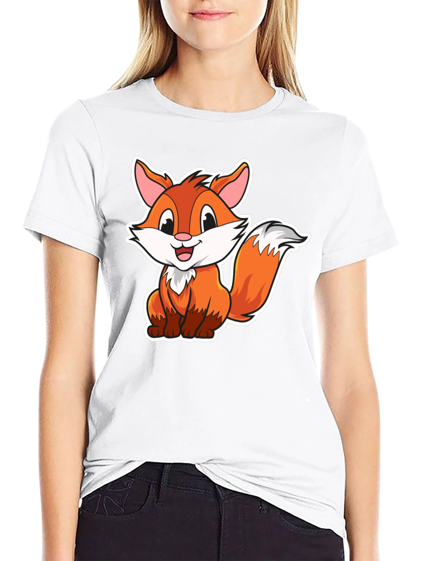 Cartoon Fox Graphic Tee - Black Cotton Blend T-Shirt