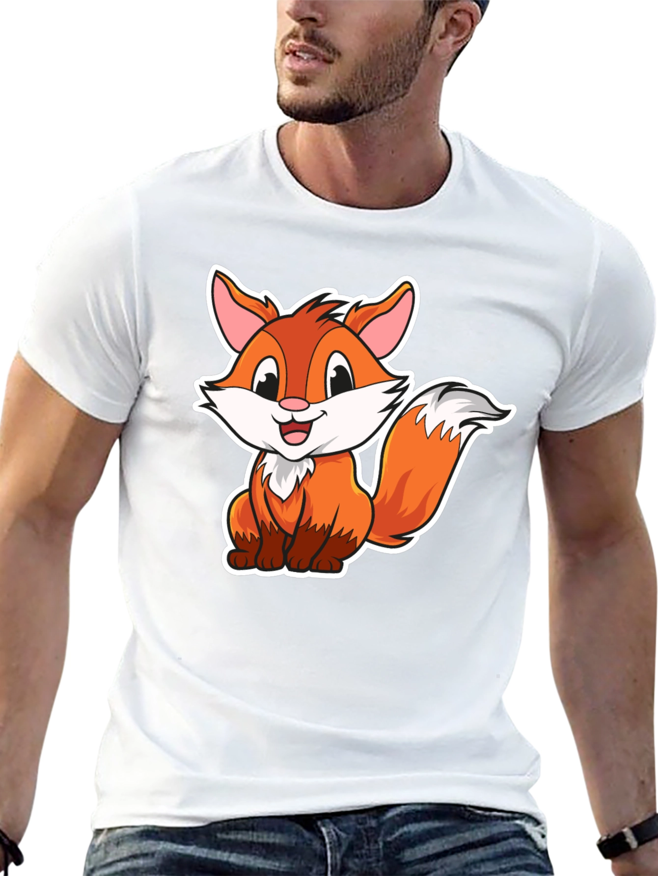 Cartoon Fox Graphic Tee - Black Cotton Blend T-Shirt