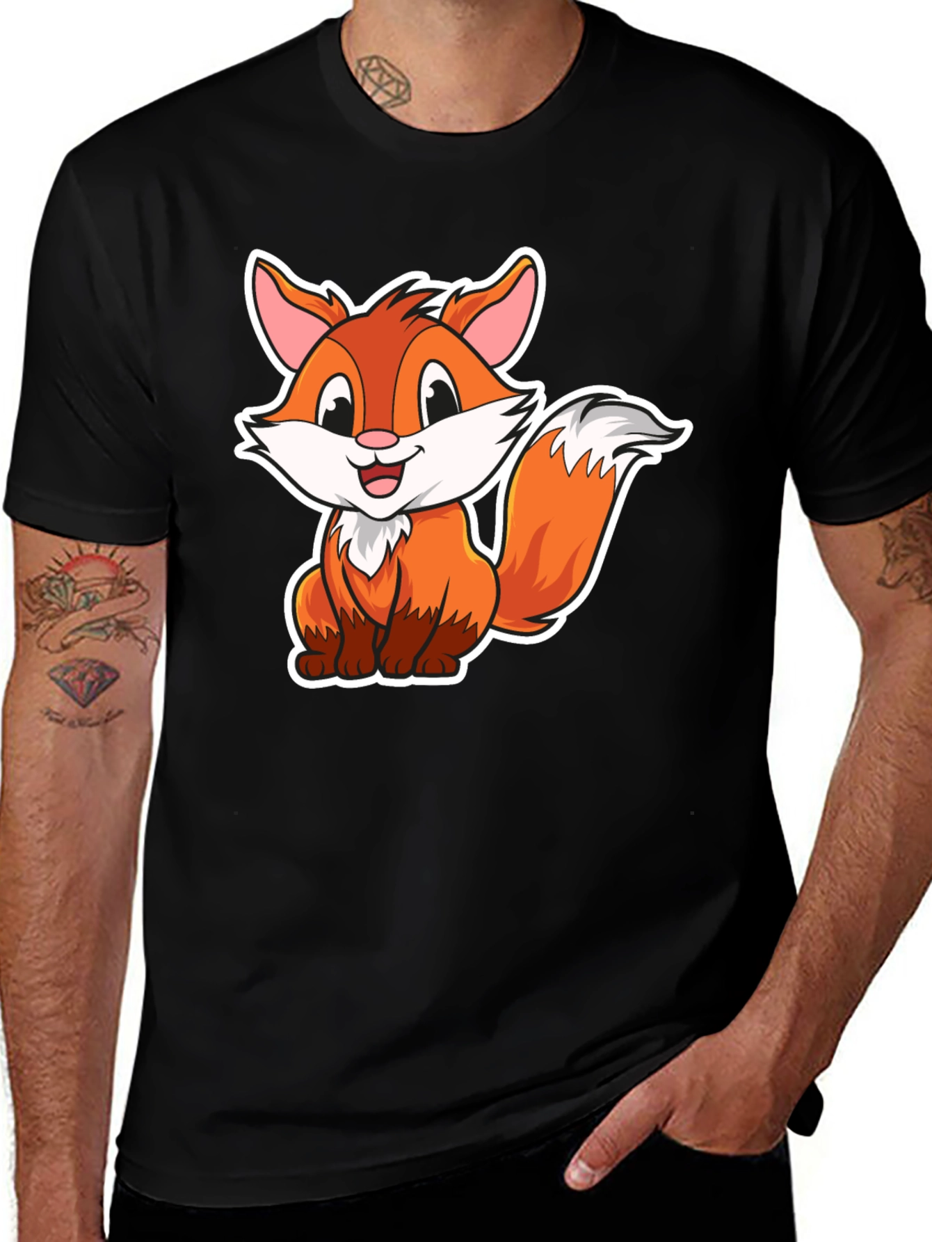 Cartoon Fox Graphic Tee - Black Cotton Blend T-Shirt