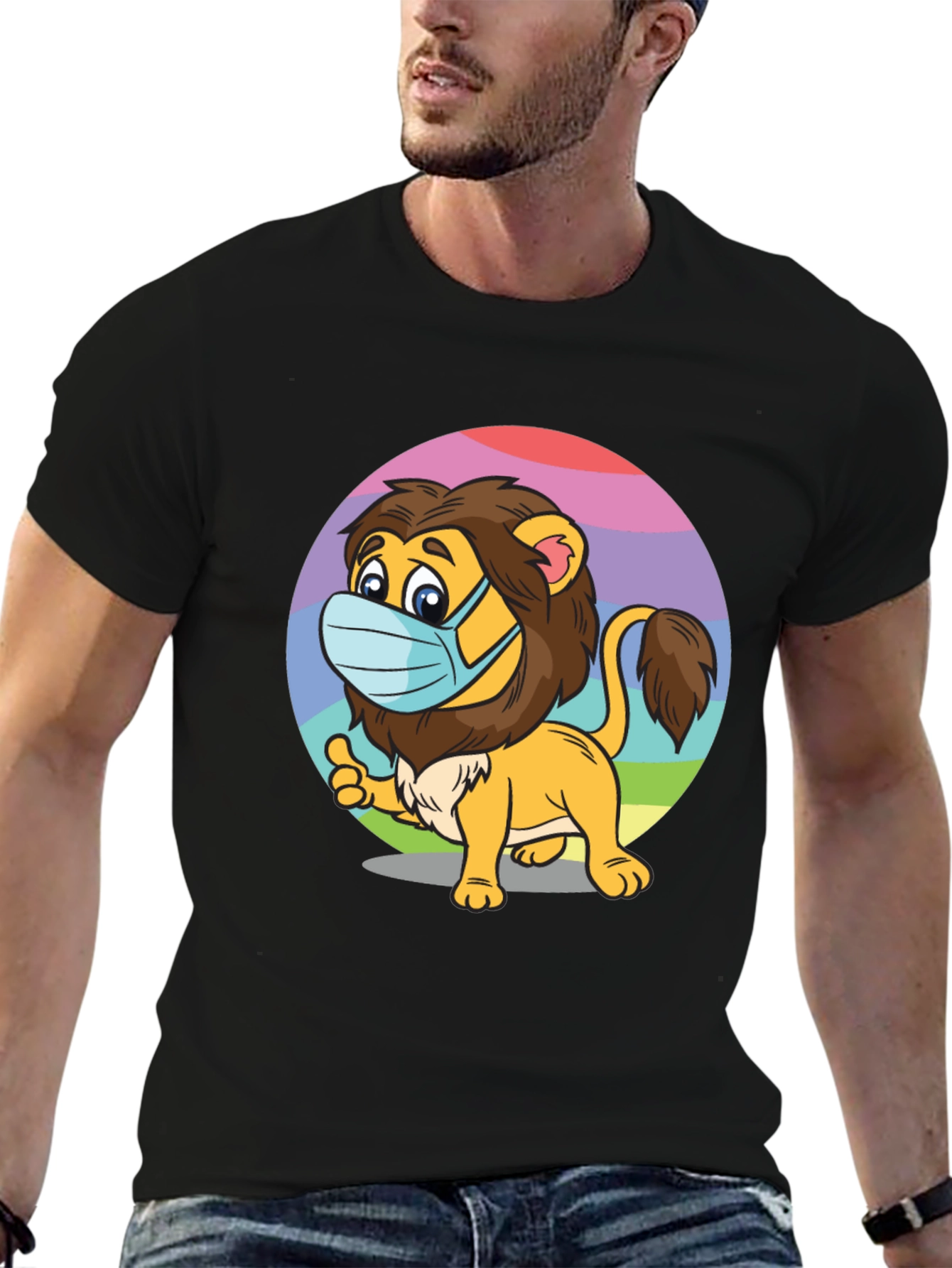 Lion Wearing Mask Black T-Shirt