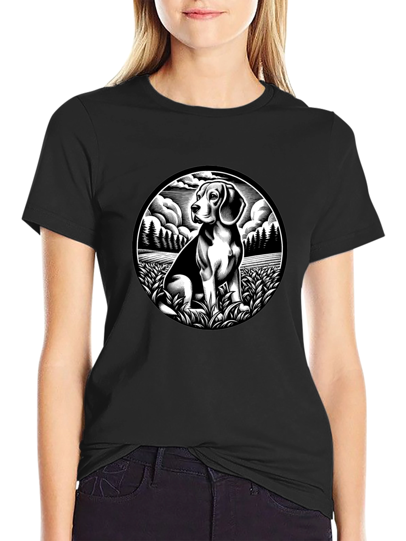 Beagle Dog Graphic Print Black T-Shirt