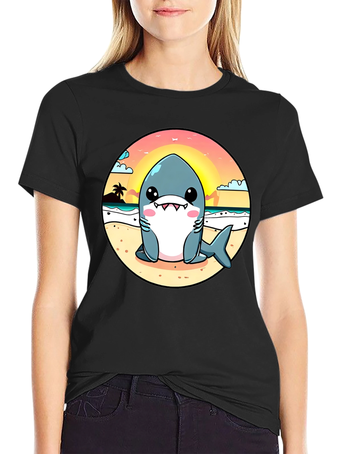 Cute Cartoon Shark on Beach T-Shirt