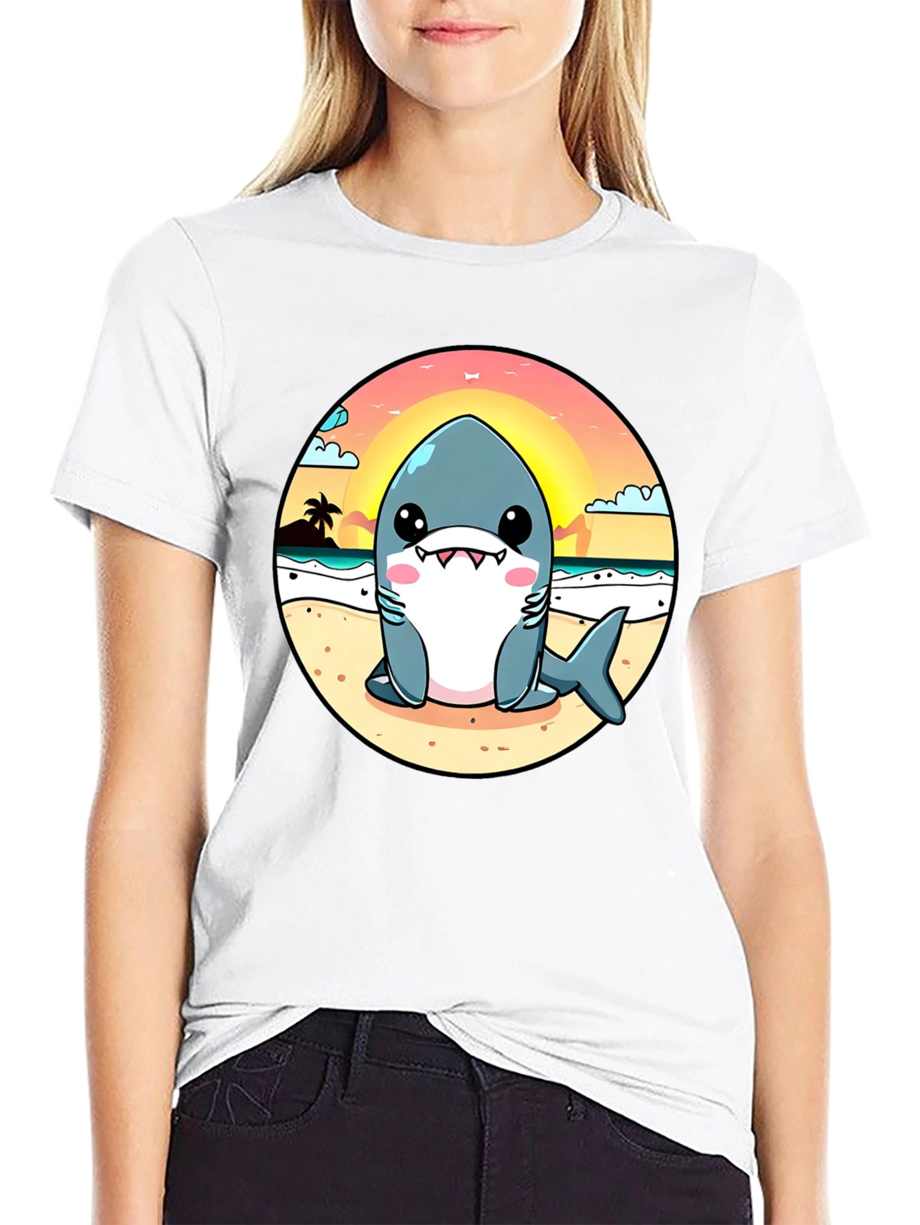 Cute Cartoon Shark on Beach T-Shirt