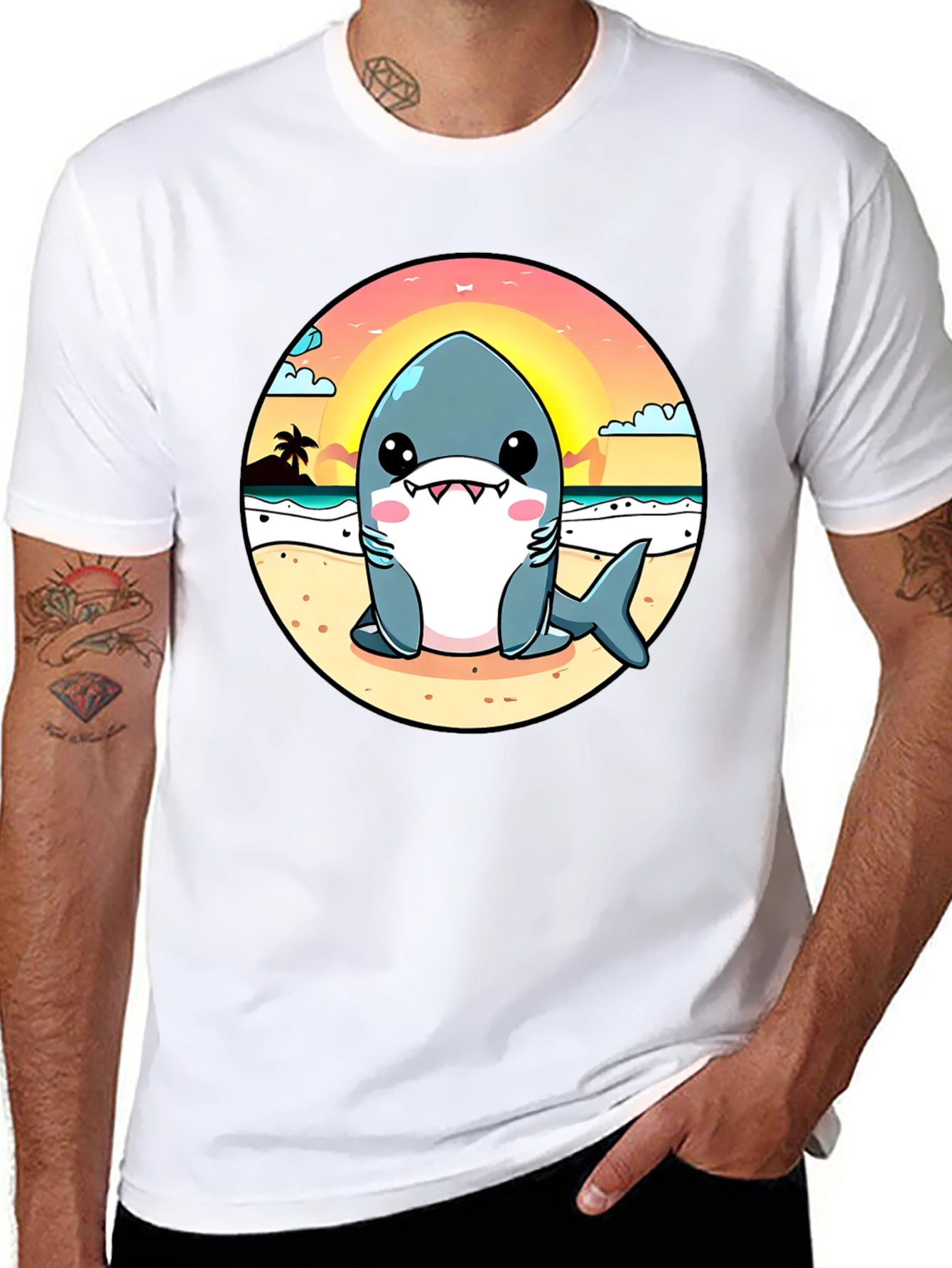 Cute Cartoon Shark on Beach T-Shirt