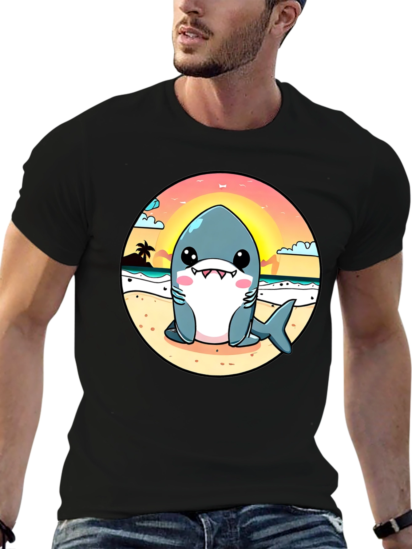 Cute Cartoon Shark on Beach T-Shirt