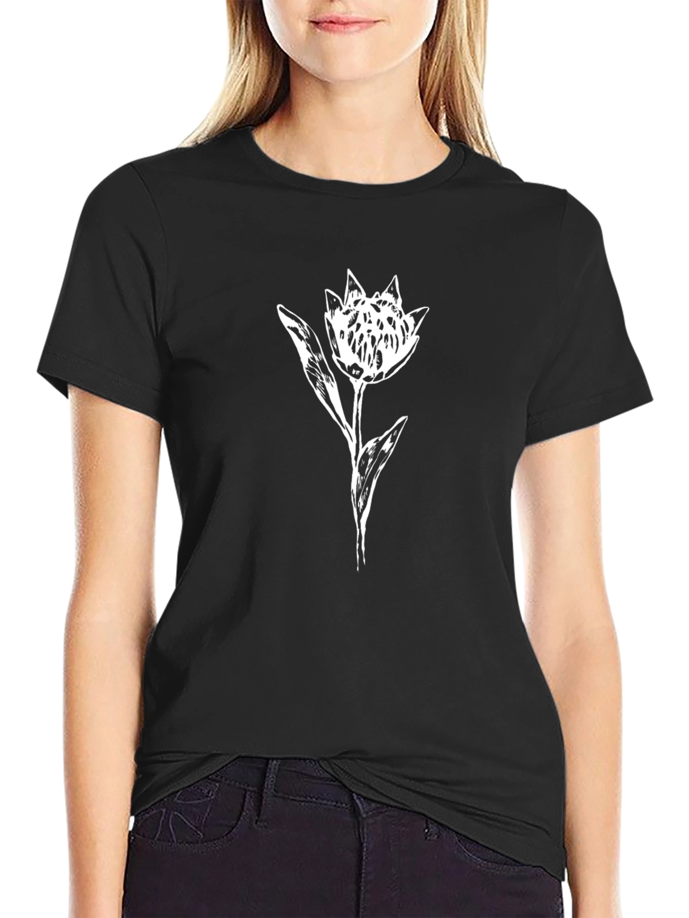 Black T-Shirt with Floral Graphic Print