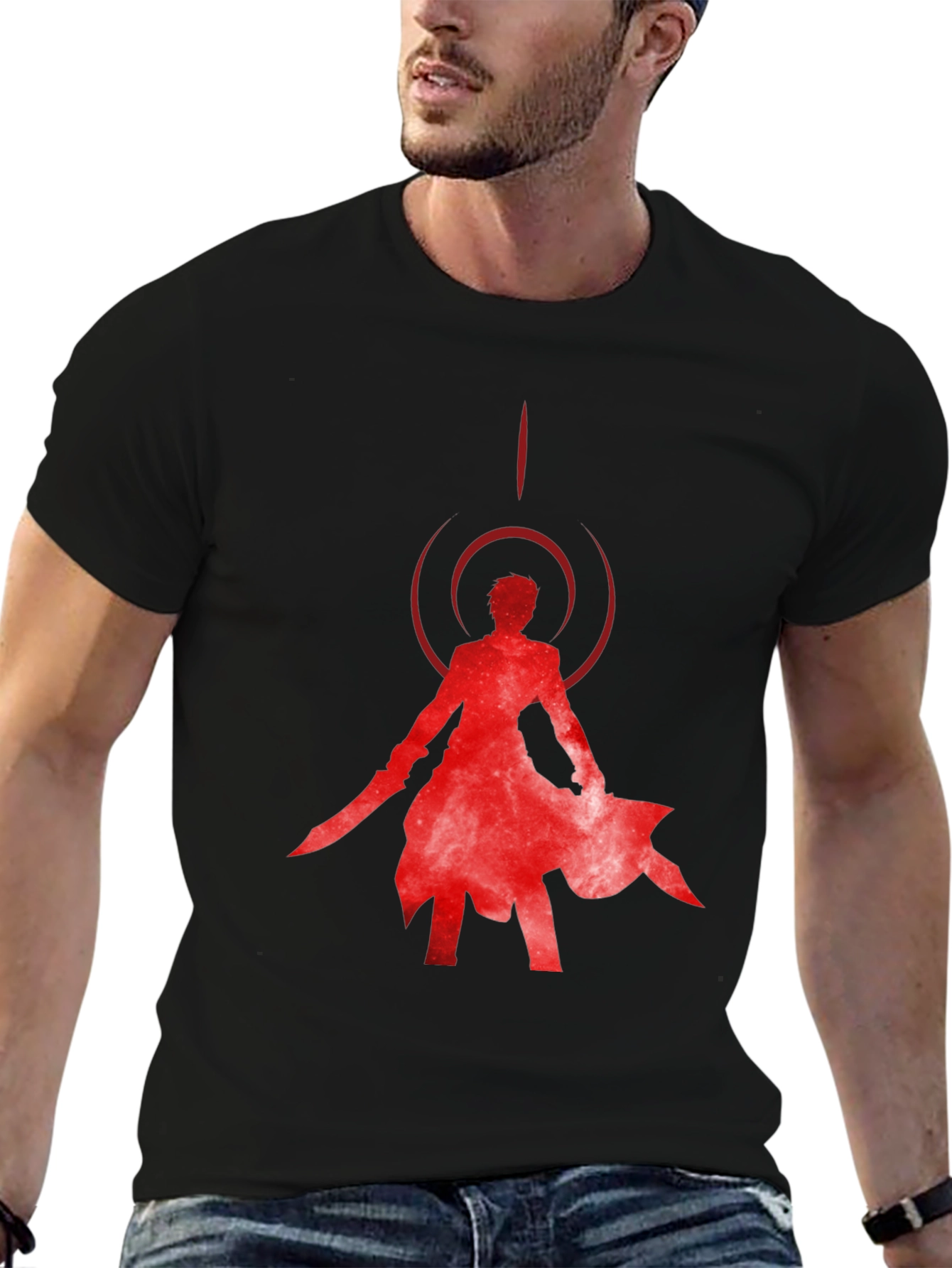 Red Anime Silhouette Black T-Shirt
