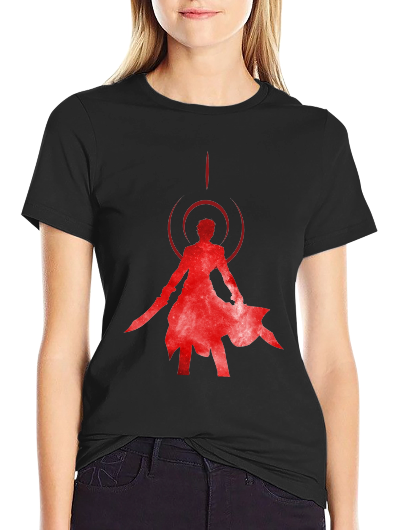 Red Anime Silhouette Black T-Shirt