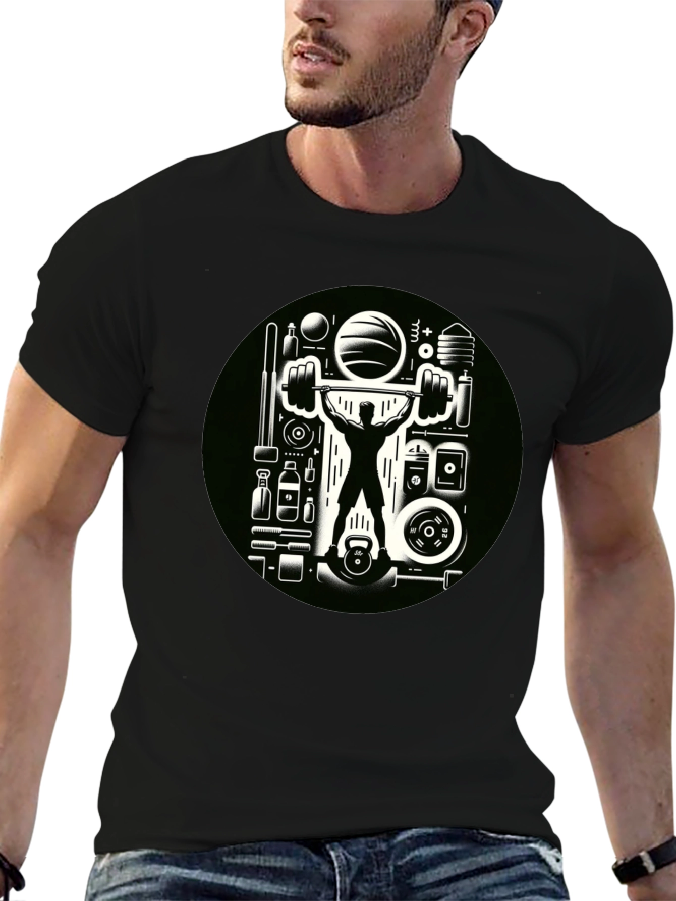 Gym Graphic Black T-Shirt - Weightlifting Design