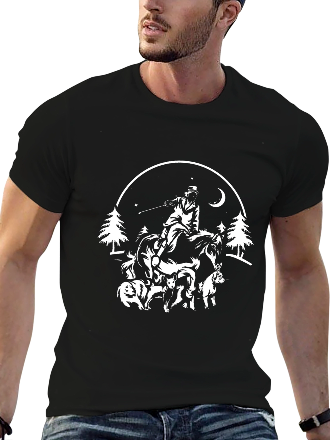 Black T-Shirt Horse Rider Dog Pack Graphic Tee