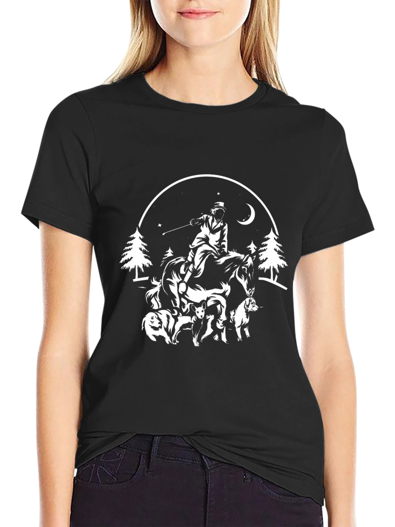 Black T-Shirt Horse Rider Dog Pack Graphic Tee