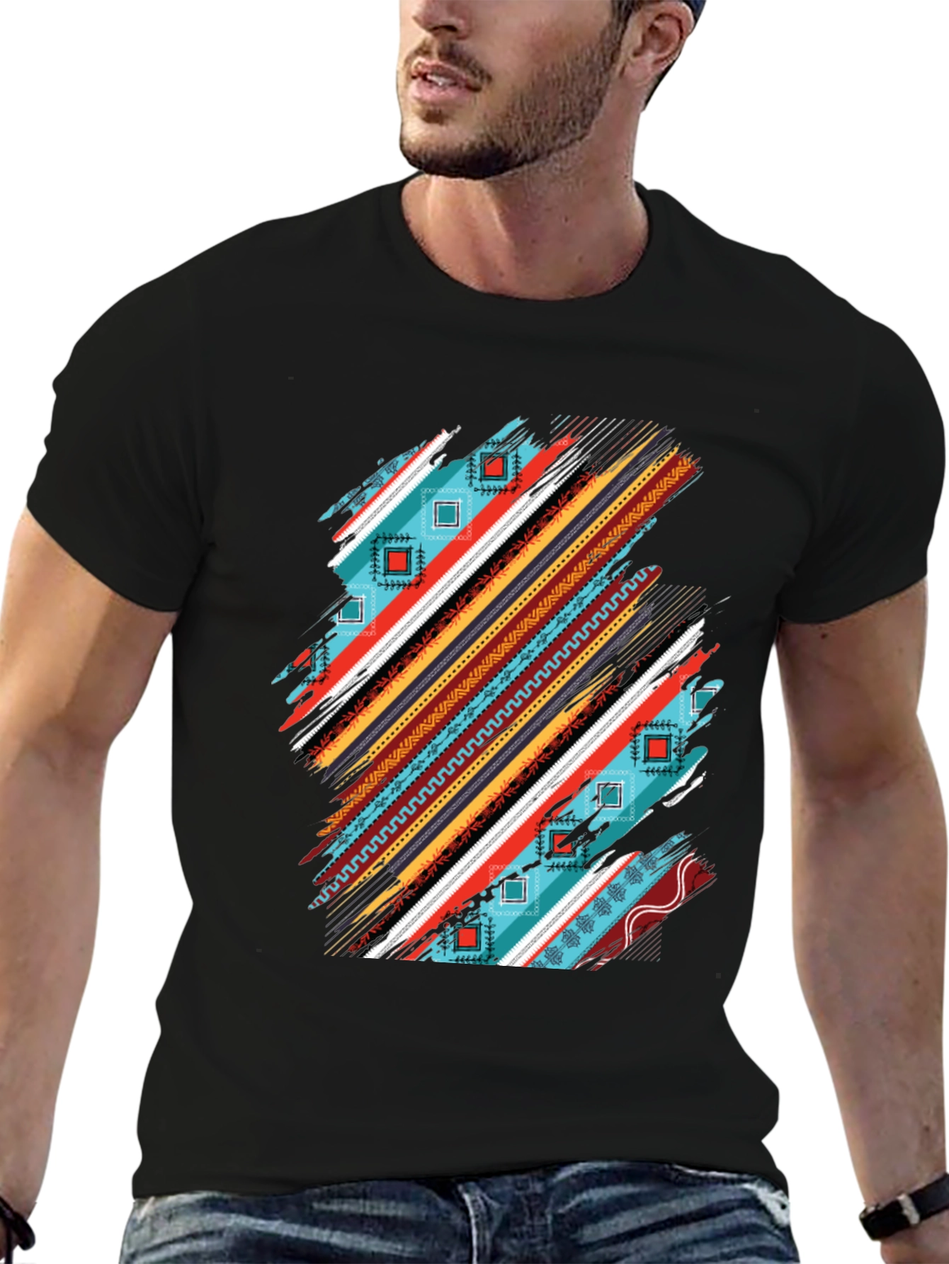 Tribal Stripe Graphic Mens Black T-Shirt