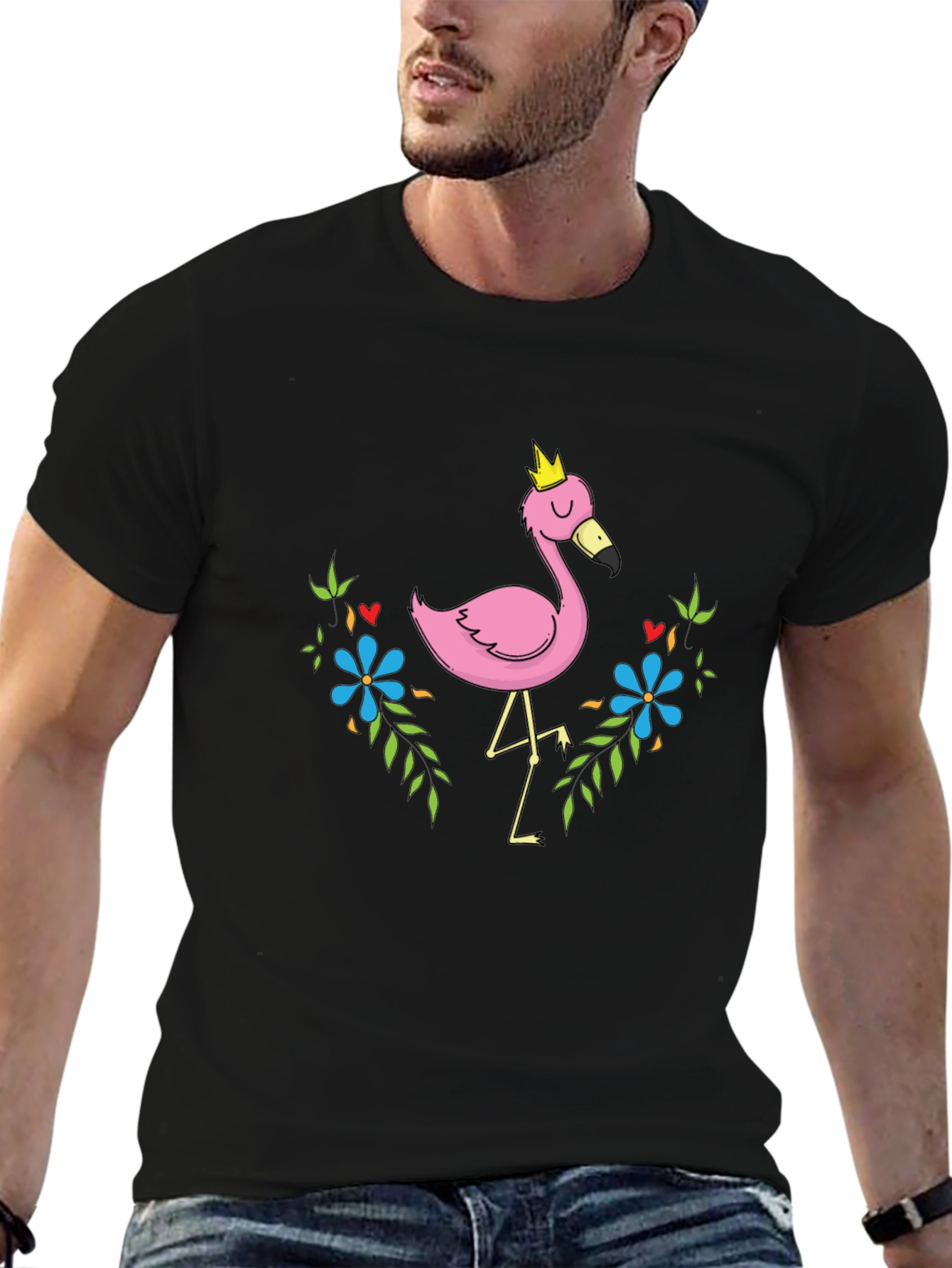 Whimsical Flamingo Graphic Tee - Black