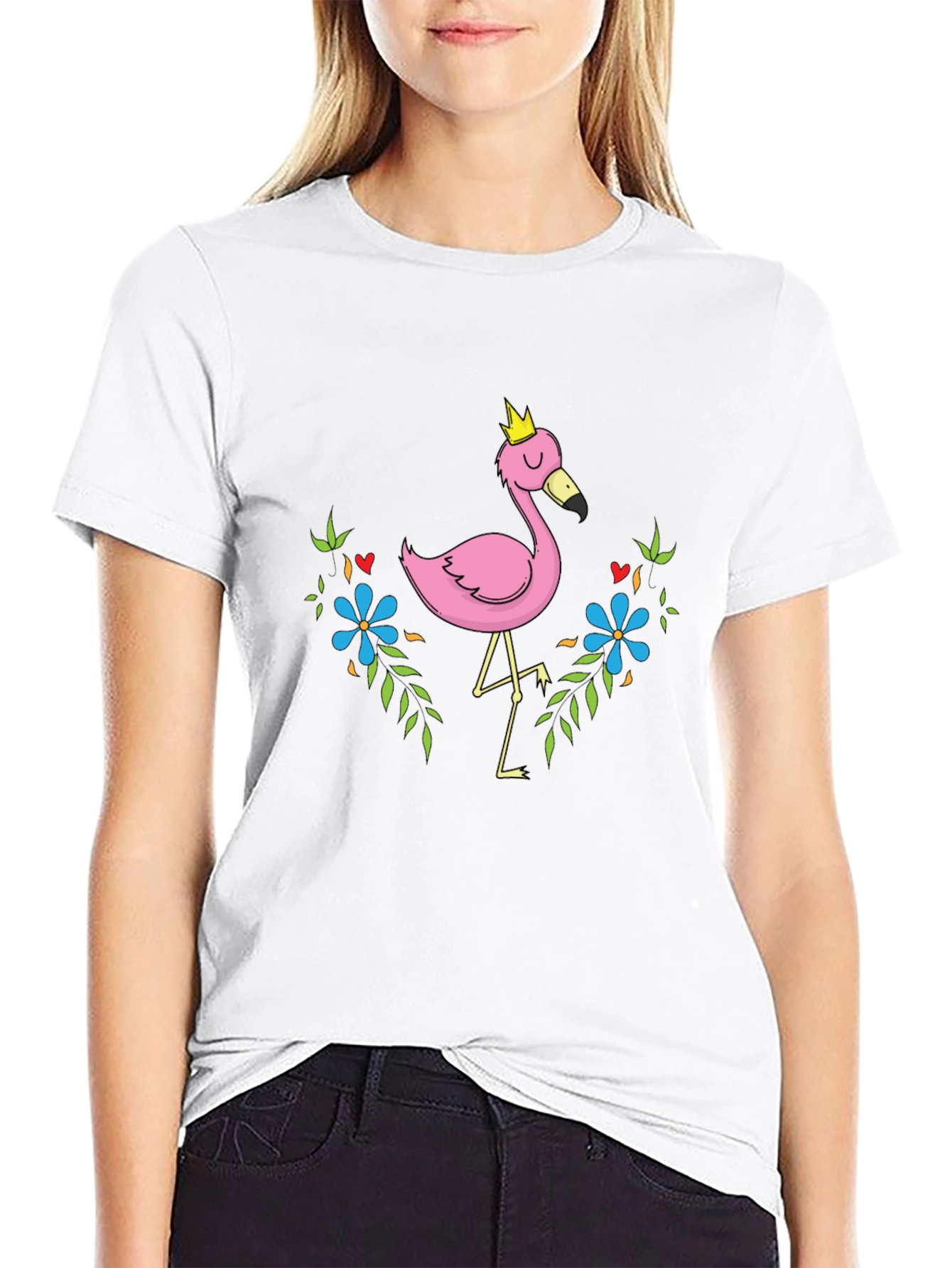 Whimsical Flamingo Graphic Tee - Black