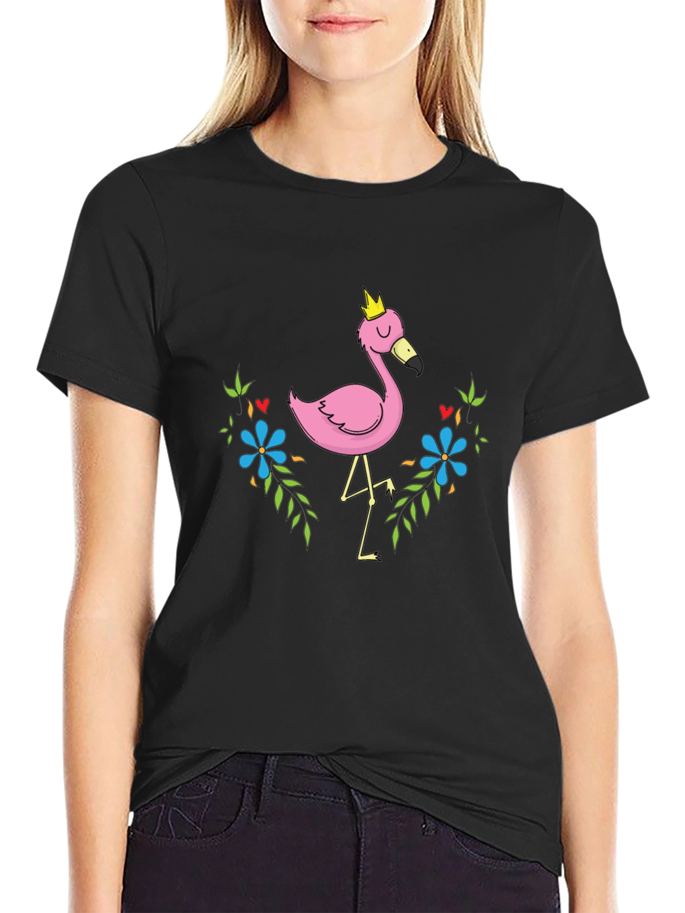 Whimsical Flamingo Graphic Tee - Black