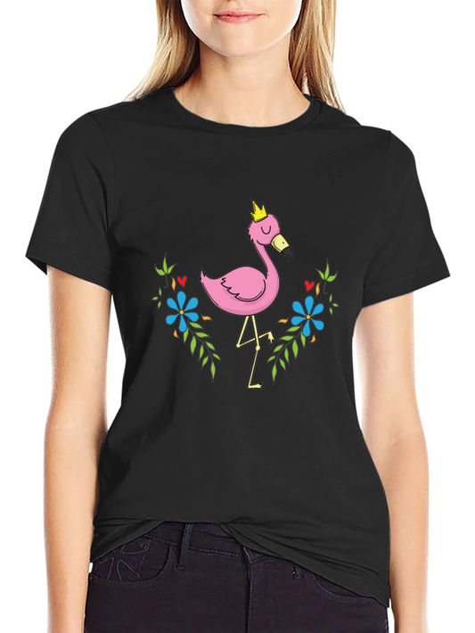 Whimsical Flamingo Graphic Tee - Black