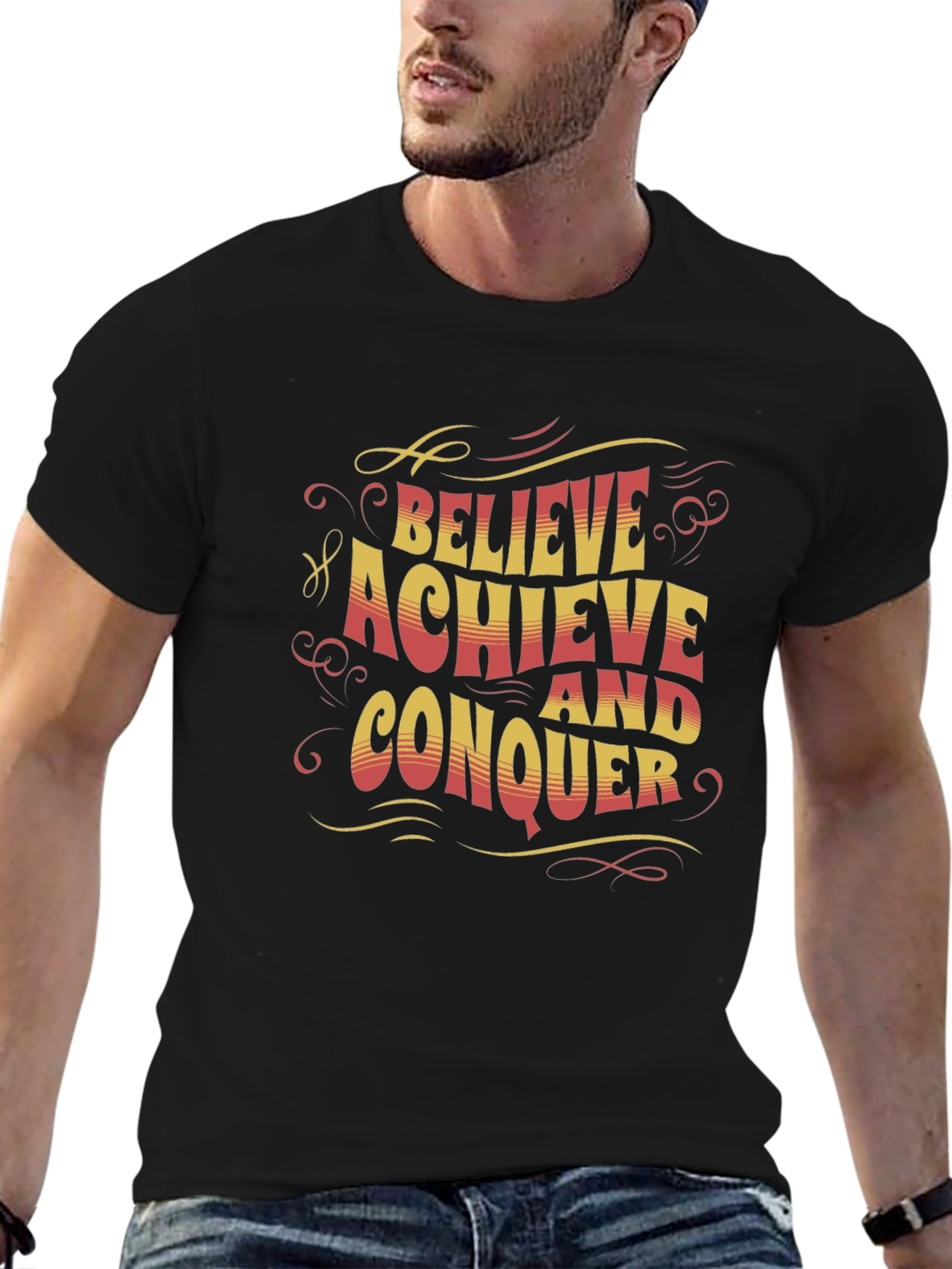 Believe Achieve Conquer Graphic Tee - Black Cotton T-Shirt