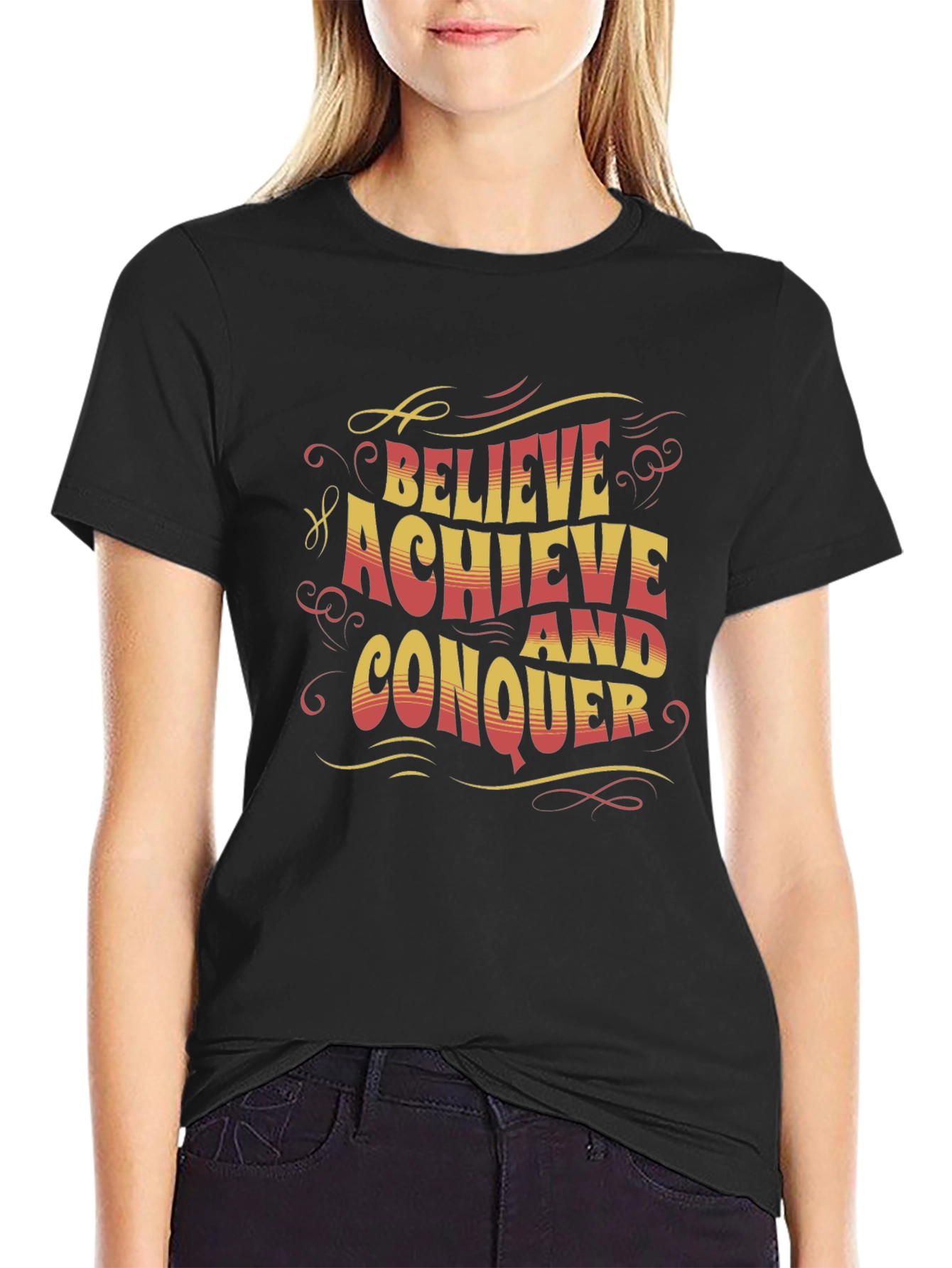 Believe Achieve Conquer Graphic Tee - Black Cotton T-Shirt