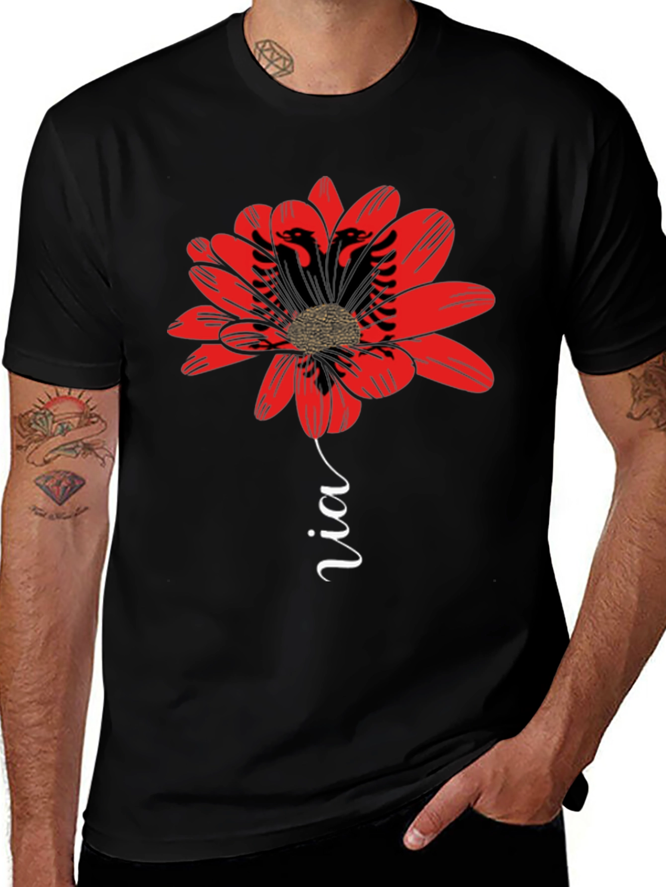 Floral Albanian Eagle T-Shirt - Black