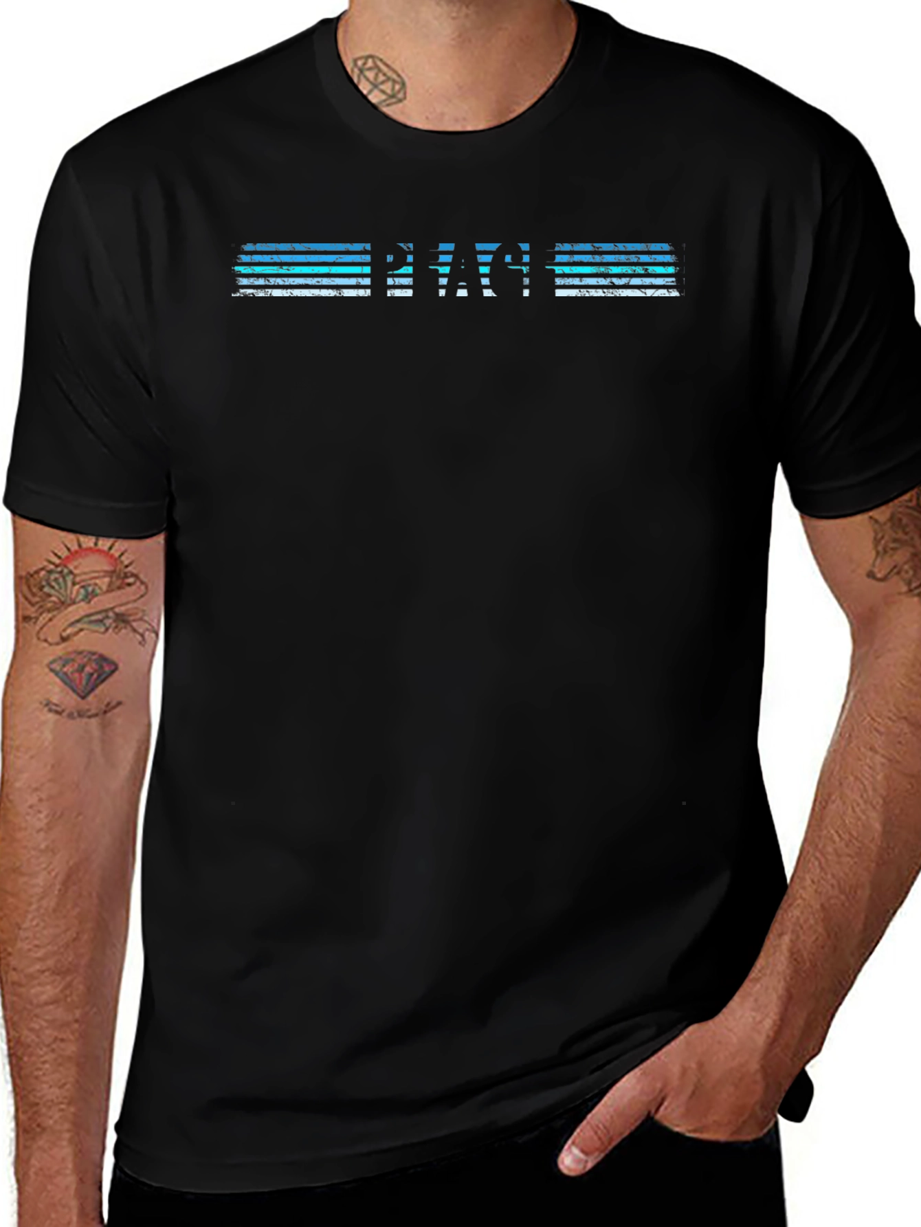 Retro PEACE Striped Graphic Black T-Shirt