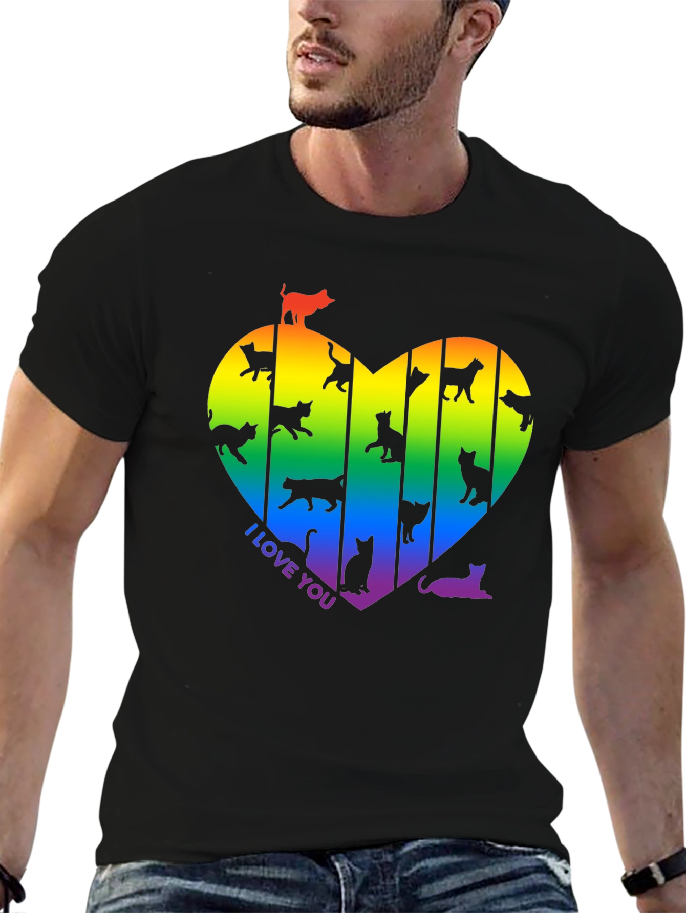 Rainbow Cat Heart T-Shirt - I Love You!