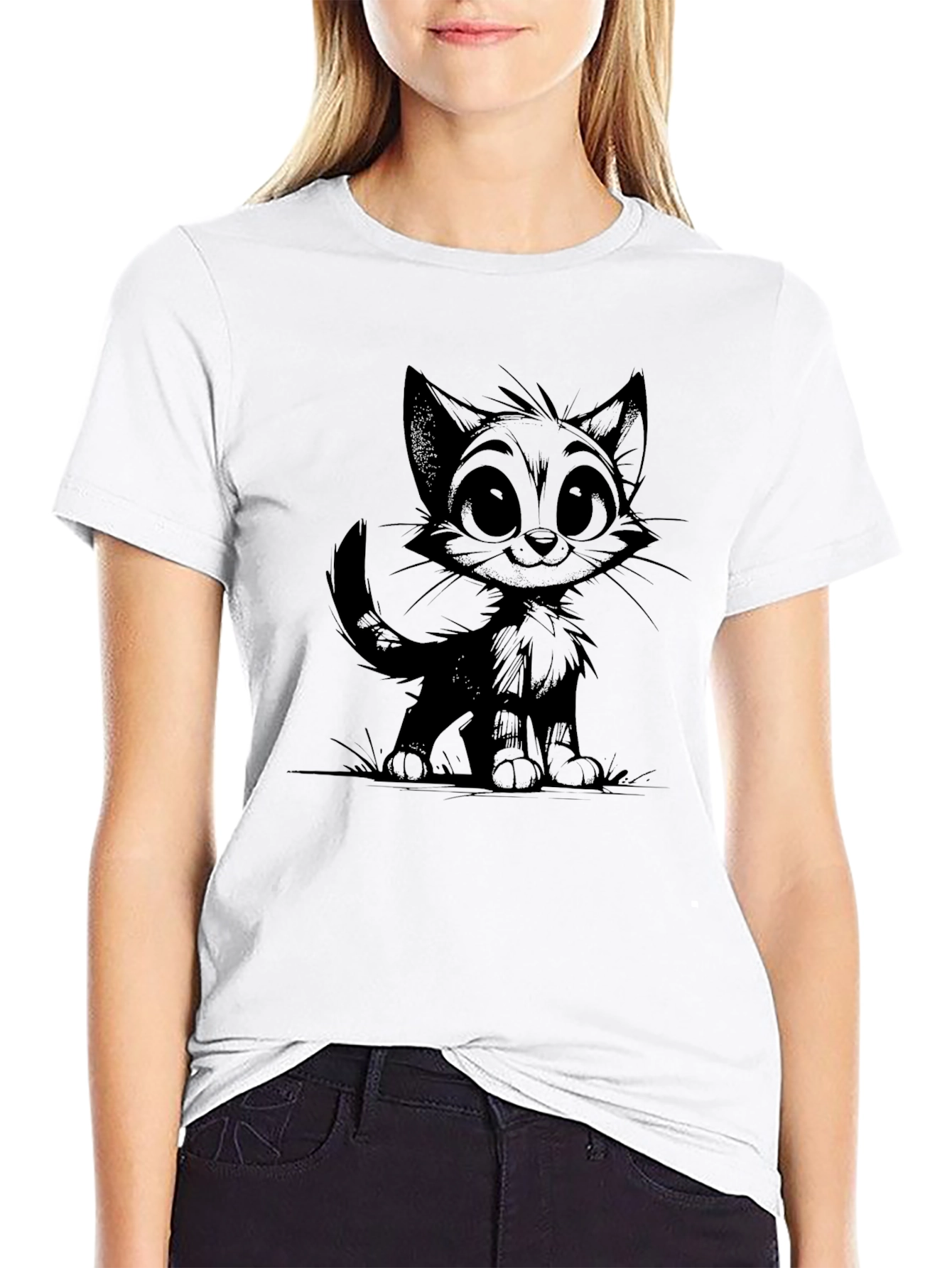 Cartoon Cat Graphic Tee - Mens Black T-Shirt