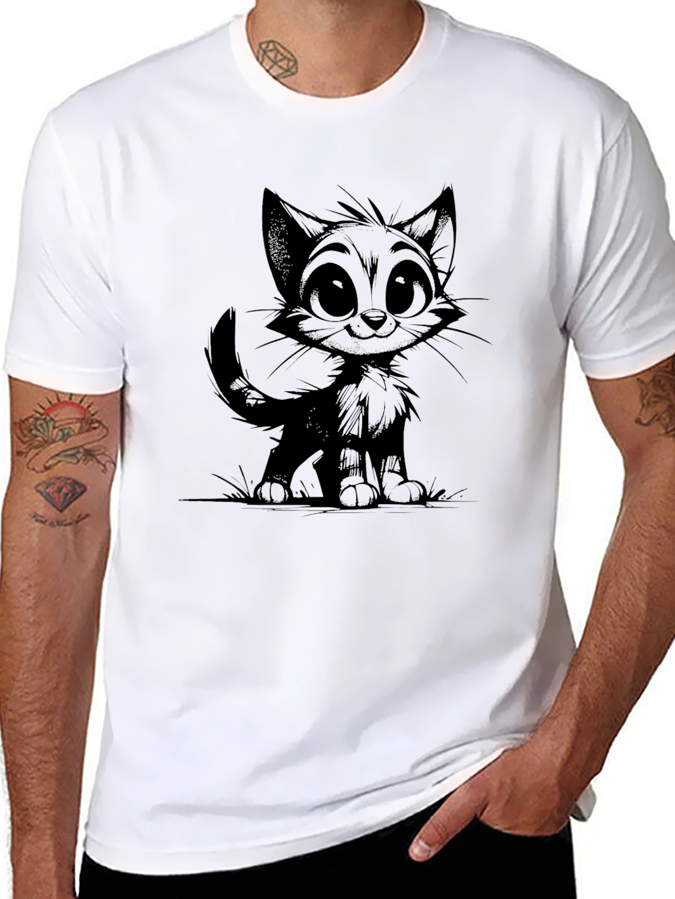Cartoon Cat Graphic Tee - Mens Black T-Shirt