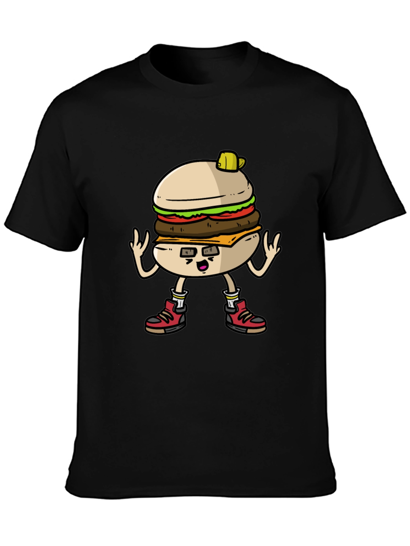 Burger Cartoon Graphic Tee - Black Cotton T-Shirt