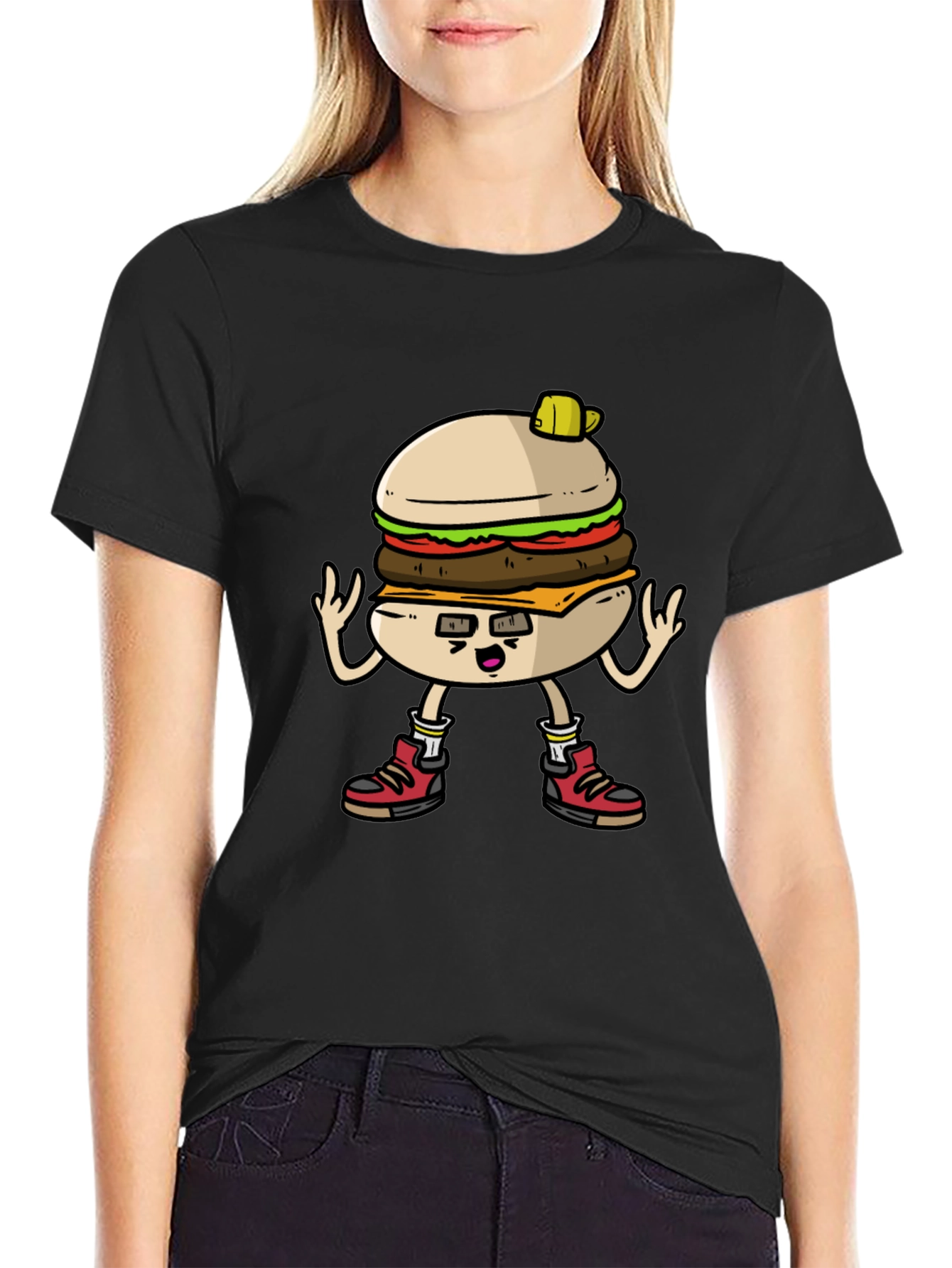 Burger Cartoon Graphic Tee - Black Cotton T-Shirt