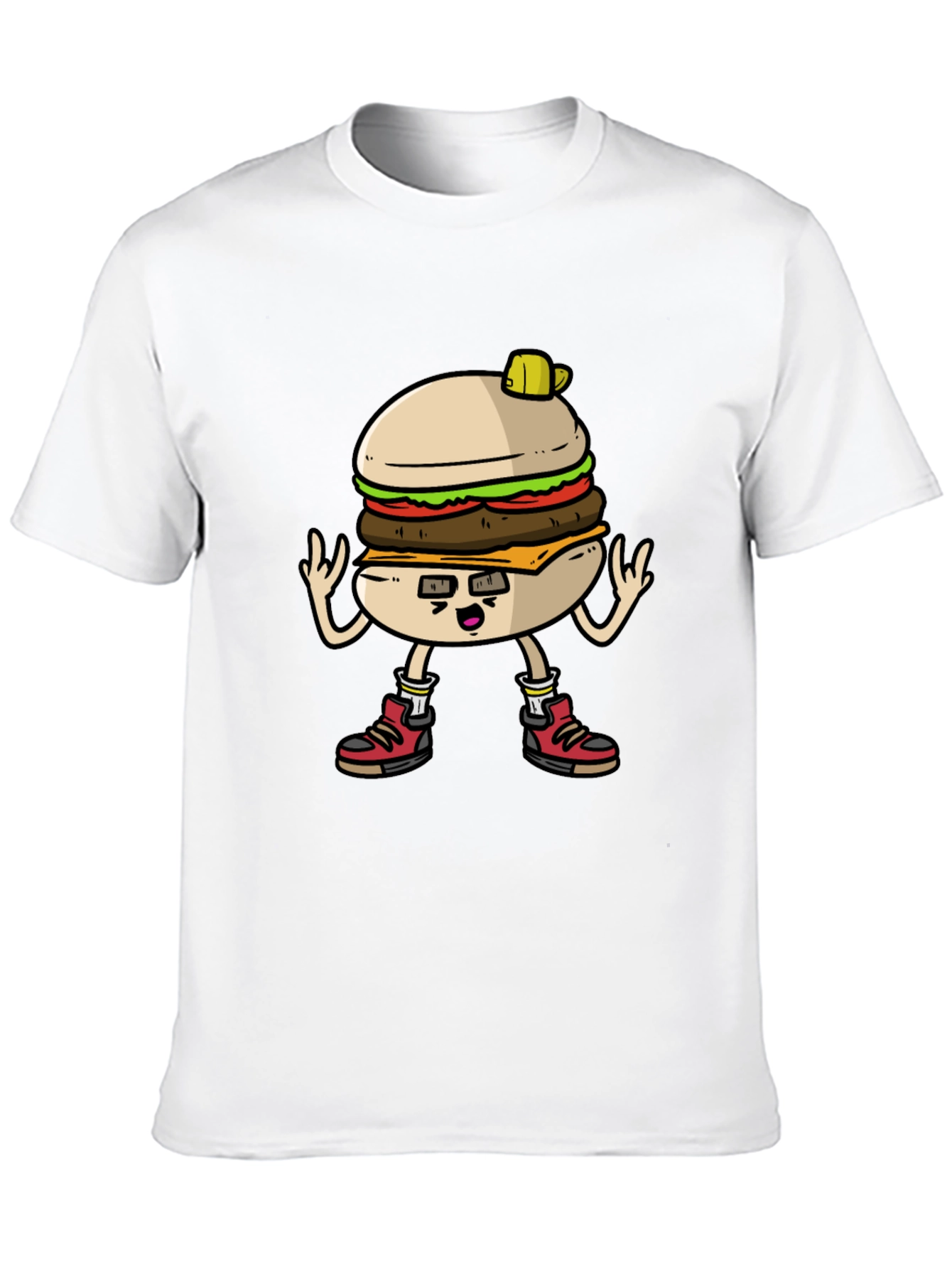 Burger Cartoon Graphic Tee - Black Cotton T-Shirt