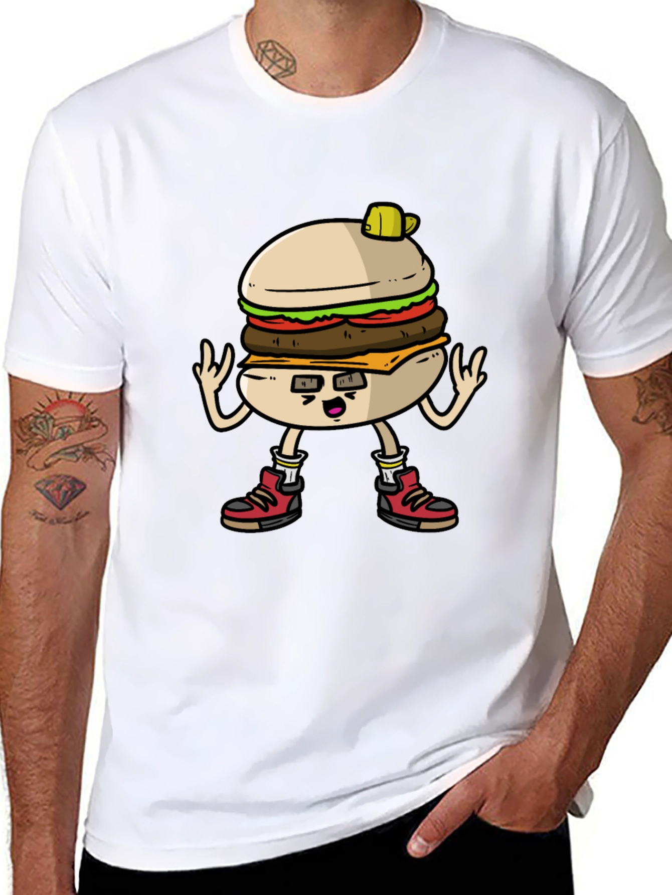 Burger Cartoon Graphic Tee - Black Cotton T-Shirt
