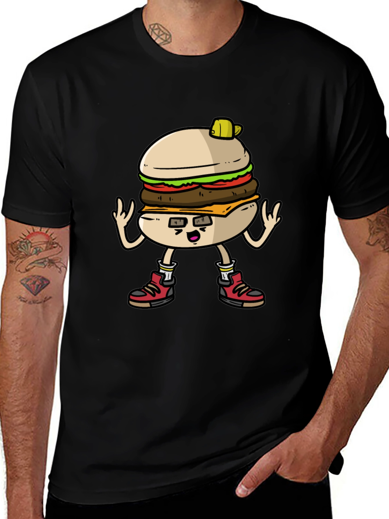 Burger Cartoon Graphic Tee - Black Cotton T-Shirt