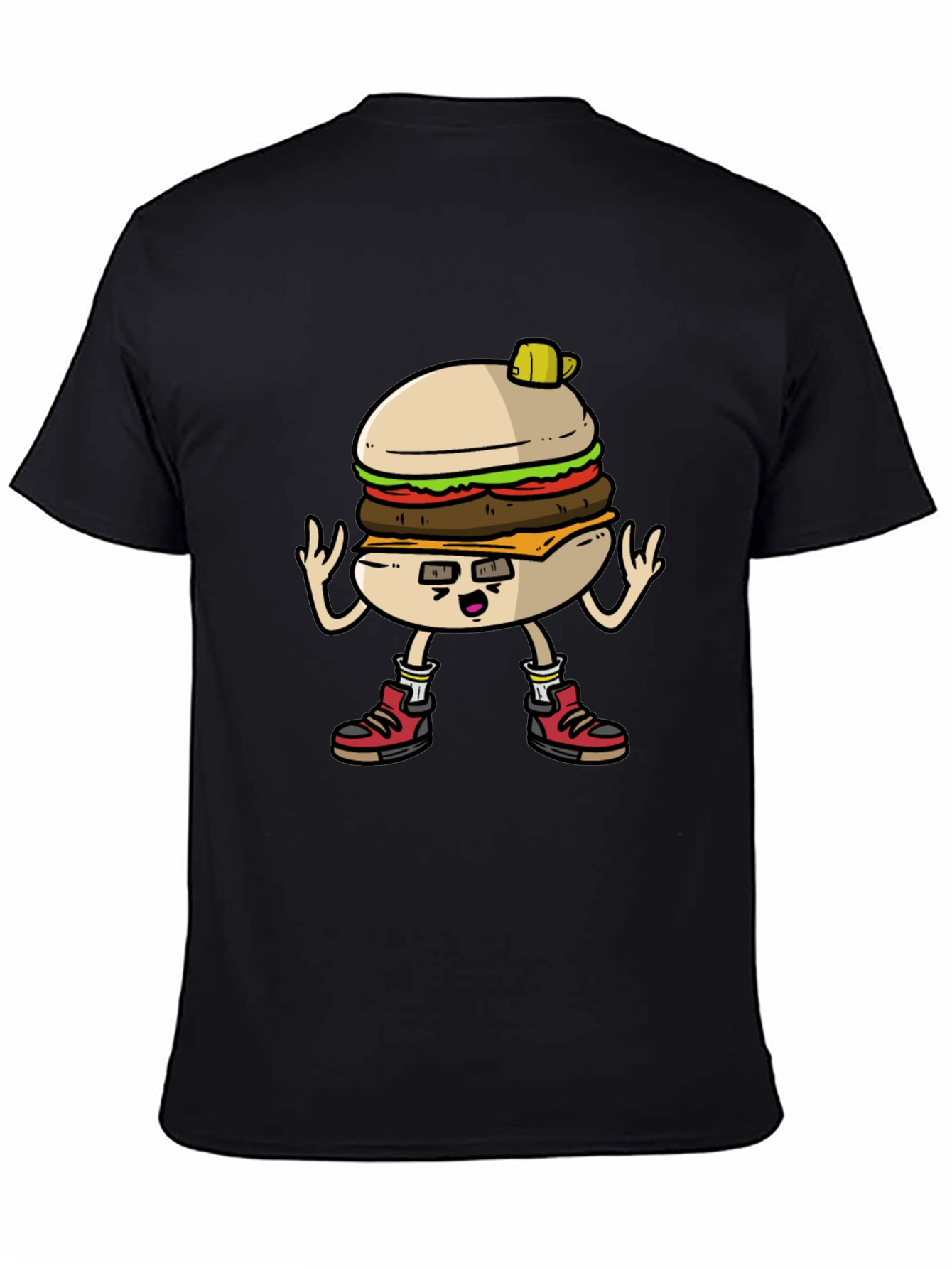 Burger Cartoon Graphic Tee - Black Cotton T-Shirt