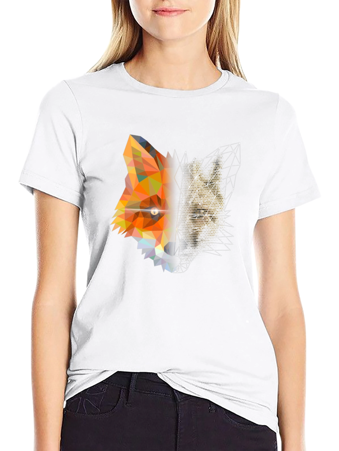 Geometric Fox Graphic Print Black T-Shirt
