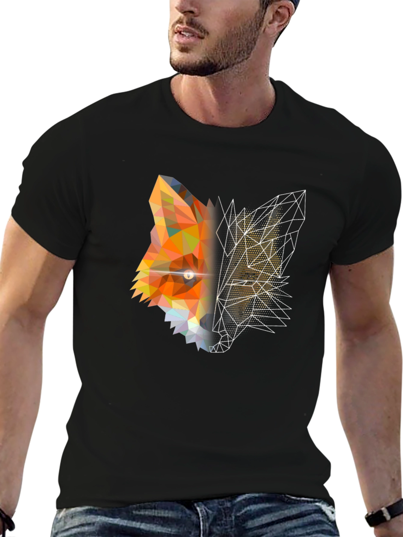 Geometric Fox Graphic Print Black T-Shirt