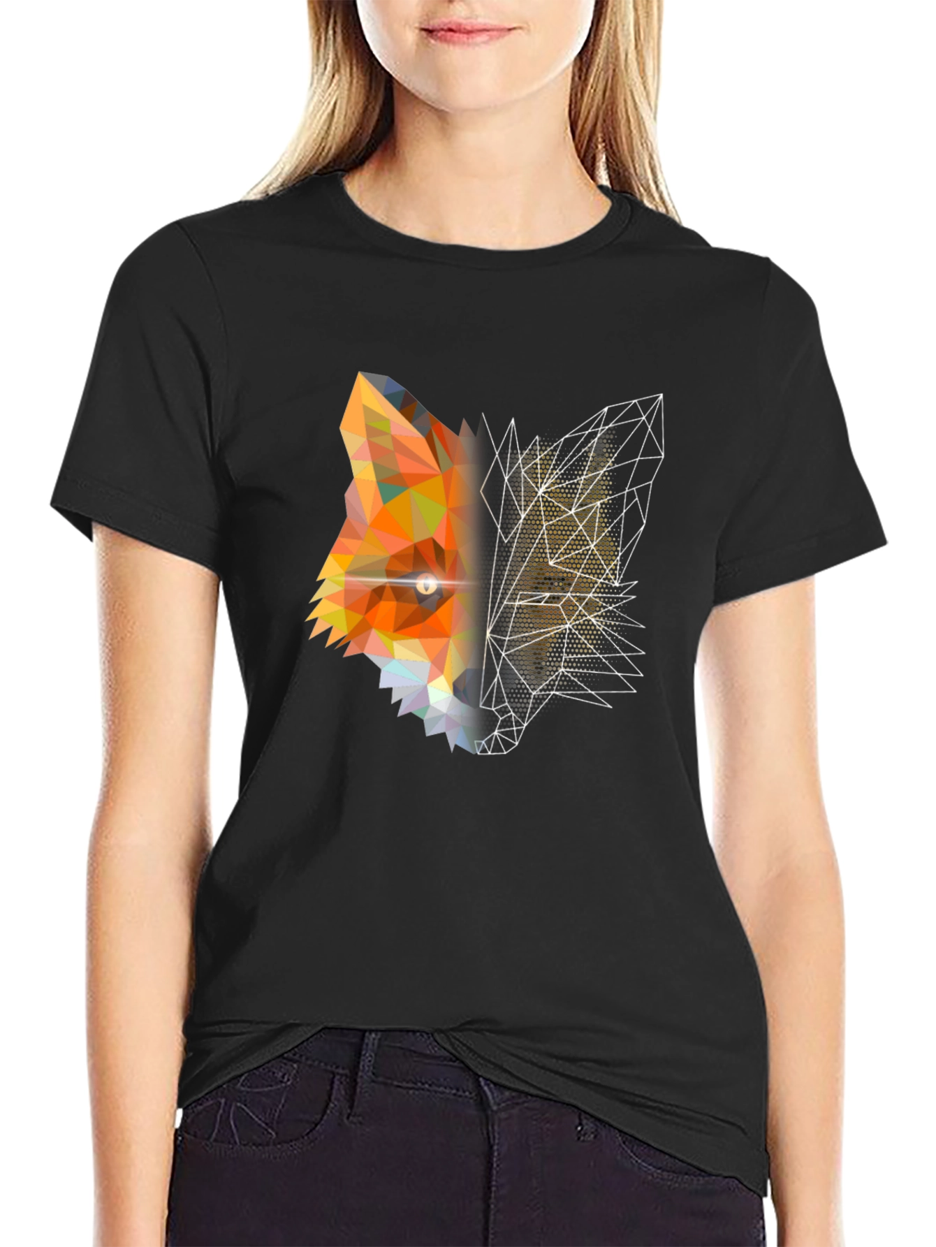 Geometric Fox Graphic Print Black T-Shirt