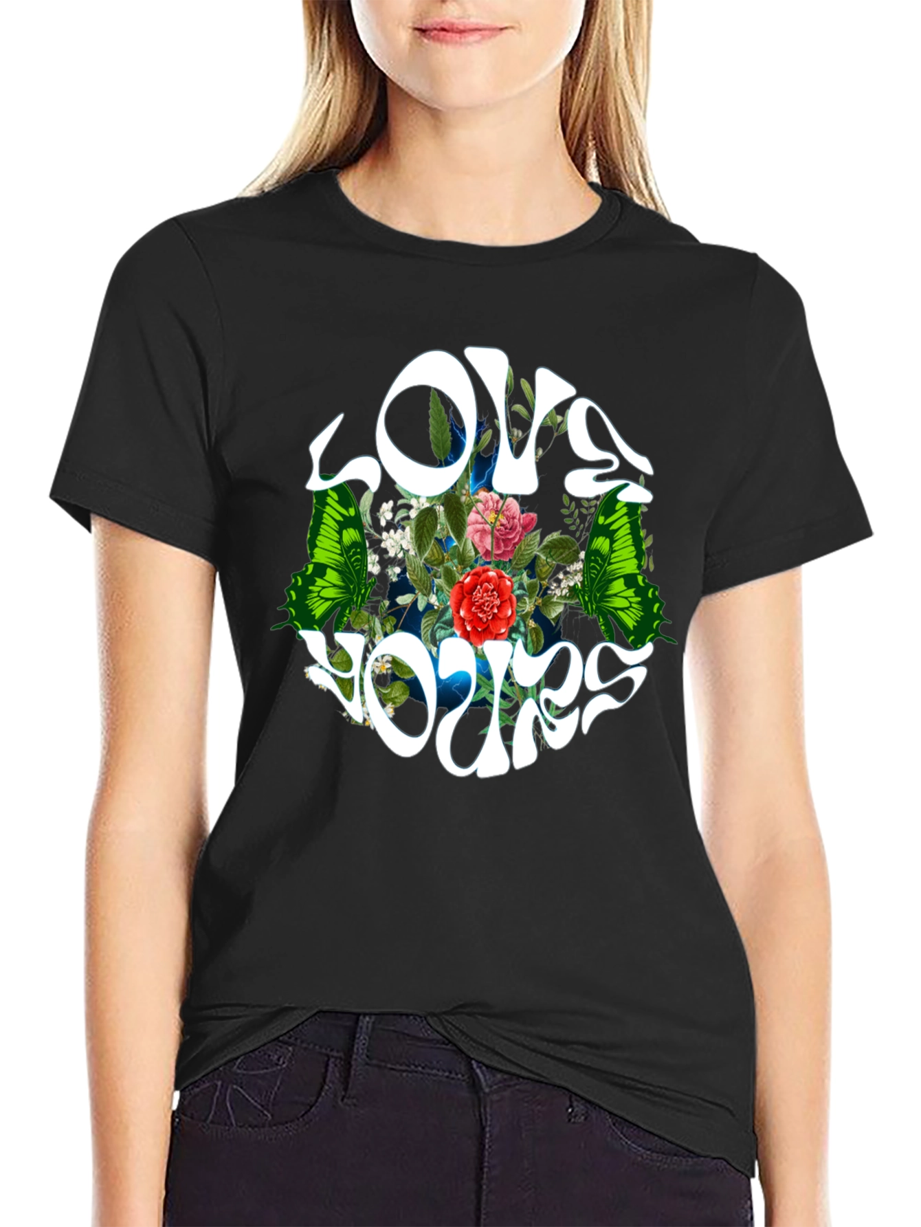 Love Yours Floral Butterfly Black T-Shirt