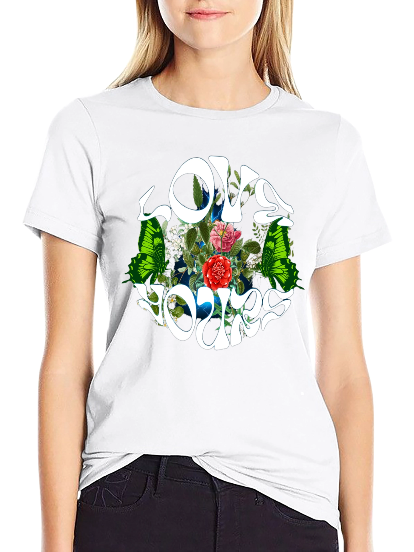 Love Yours Floral Butterfly Black T-Shirt