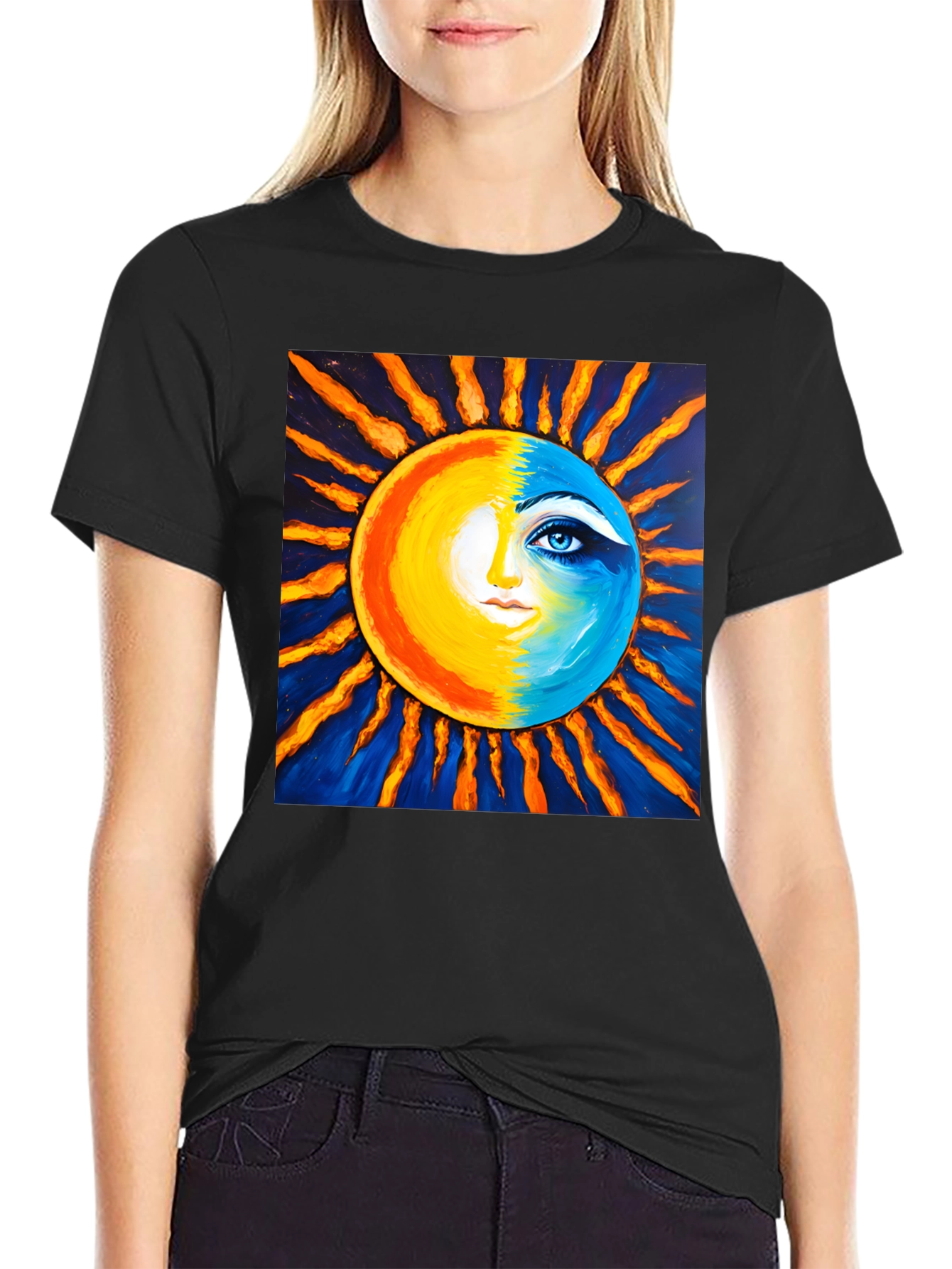 Sun and Moon Face Graphic Tee - Black